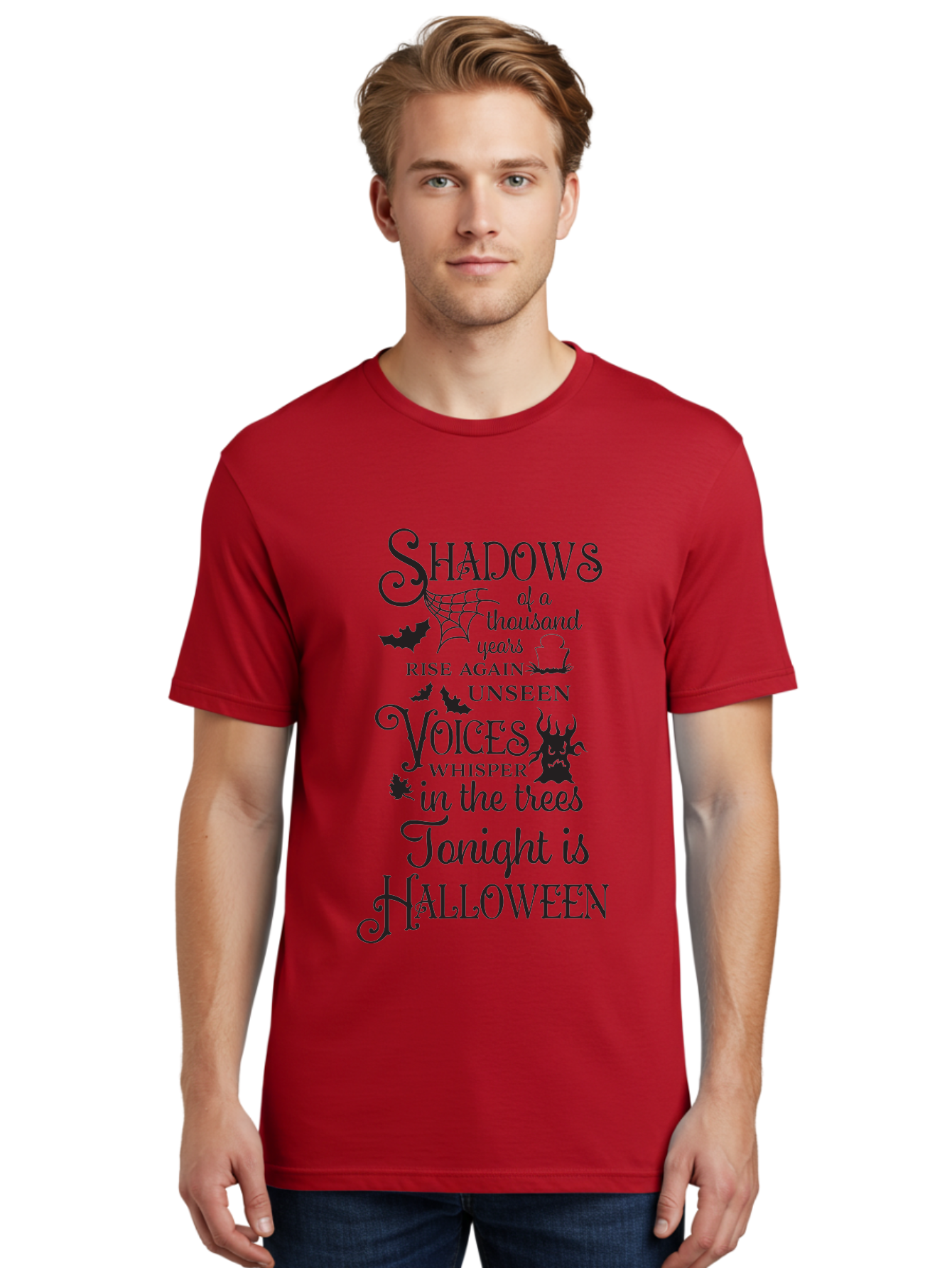Shadows-Of-A-Thousand-Years-Rise-Again-Unseen-Voices-Whisper-In-The-Trees-Tonight-Is-Halloween Men'S Graphic Tee, 100% Cotton, Comfortable Casual Summer Wear, Machine Washable, Halloween Quote, Spooky Season, Shadows Rise Again, Unseen Voices, Aad150