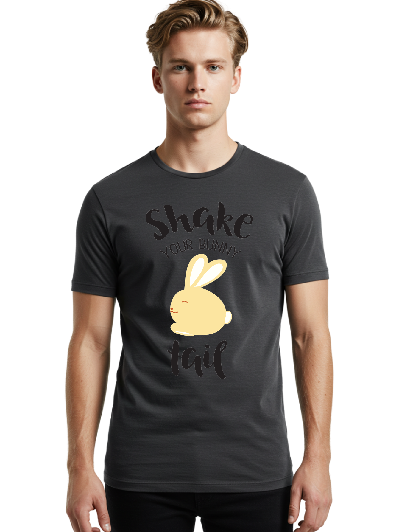 Shake-Your-Bunny-Tail Men'S Graphic Tee, 100% Cotton, Comfortable Casual Summer Wear, Machine Washable, Funny Bunny Graphic, Cute Cartoon Rabbit, Easter-Themed Design, Humorous Phrase, Shake Your Bunny Tail, Yellow Bunny Illustration, Aad151