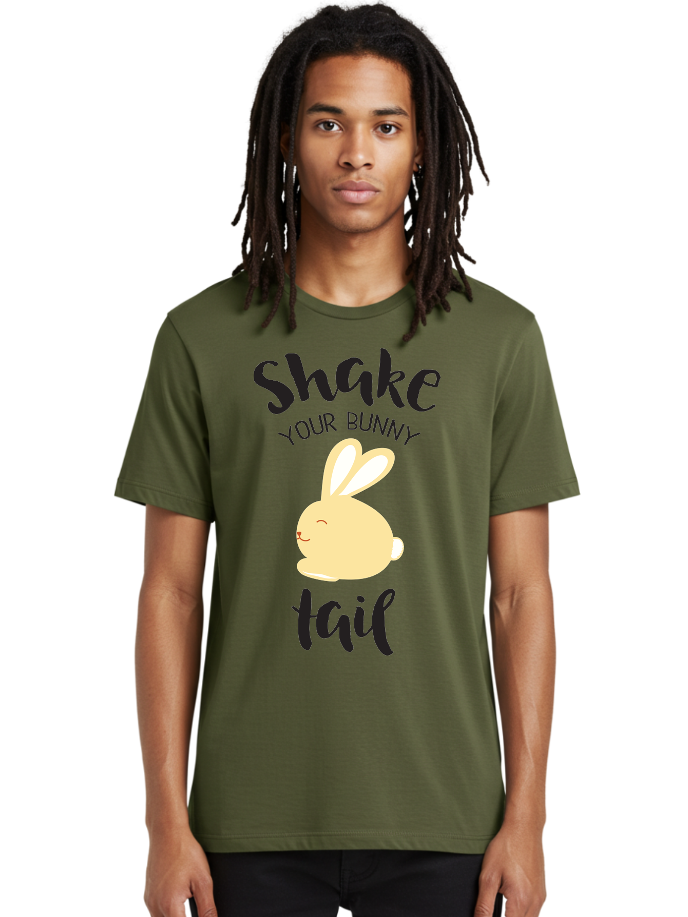 Shake-Your-Bunny-Tail Men'S Graphic Tee, 100% Cotton, Comfortable Casual Summer Wear, Machine Washable, Funny Bunny Graphic, Cute Cartoon Rabbit, Easter-Themed Design, Humorous Phrase, Shake Your Bunny Tail, Yellow Bunny Illustration, Aad151