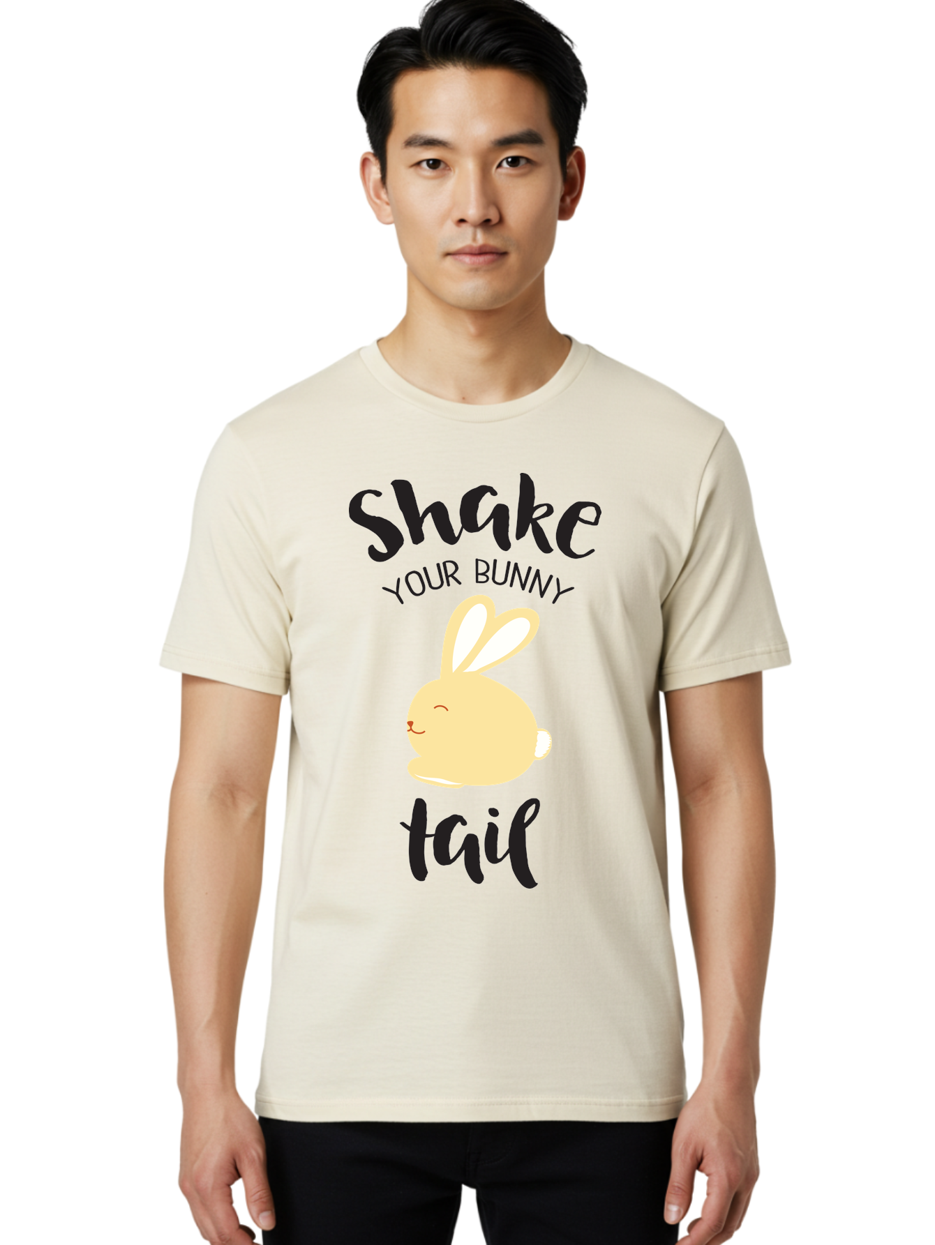 Shake-Your-Bunny-Tail Men'S Graphic Tee, 100% Cotton, Comfortable Casual Summer Wear, Machine Washable, Funny Bunny Graphic, Cute Cartoon Rabbit, Easter-Themed Design, Humorous Phrase, Shake Your Bunny Tail, Yellow Bunny Illustration, Aad151