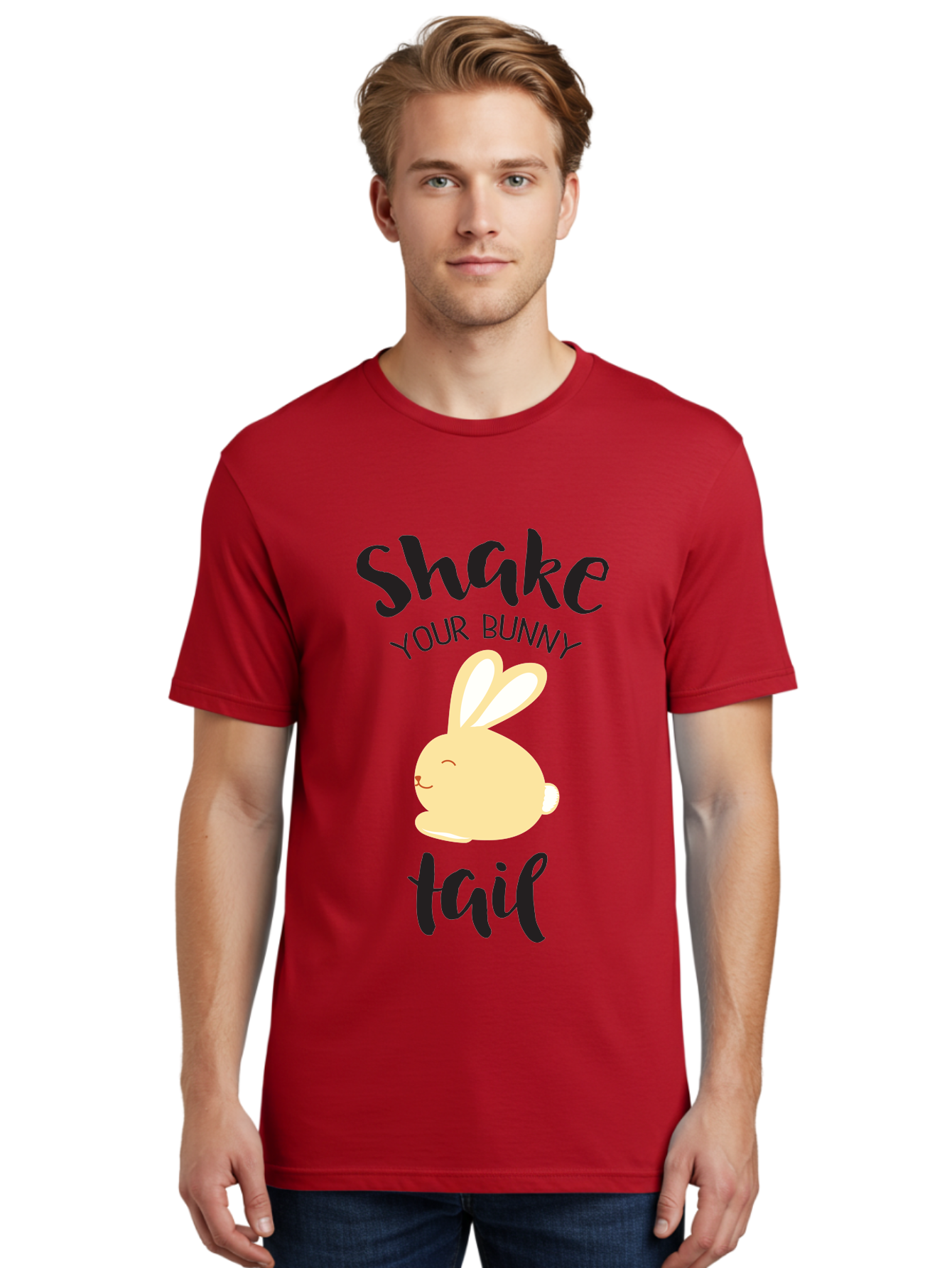 Shake-Your-Bunny-Tail Men'S Graphic Tee, 100% Cotton, Comfortable Casual Summer Wear, Machine Washable, Funny Bunny Graphic, Cute Cartoon Rabbit, Easter-Themed Design, Humorous Phrase, Shake Your Bunny Tail, Yellow Bunny Illustration, Aad151