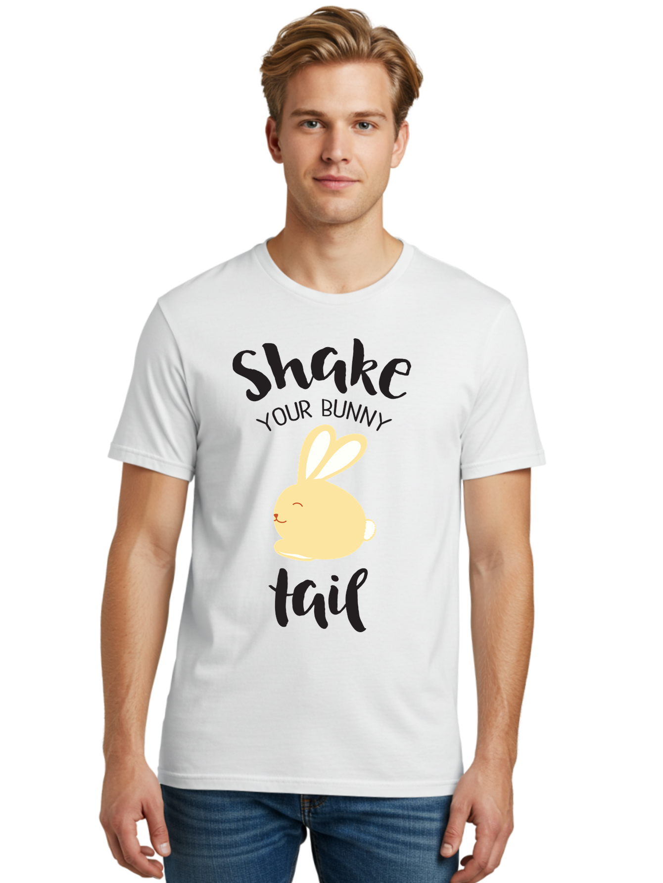 Shake-Your-Bunny-Tail Men'S Graphic Tee, 100% Cotton, Comfortable Casual Summer Wear, Machine Washable, Funny Bunny Graphic, Cute Cartoon Rabbit, Easter-Themed Design, Humorous Phrase, Shake Your Bunny Tail, Yellow Bunny Illustration, Aad151