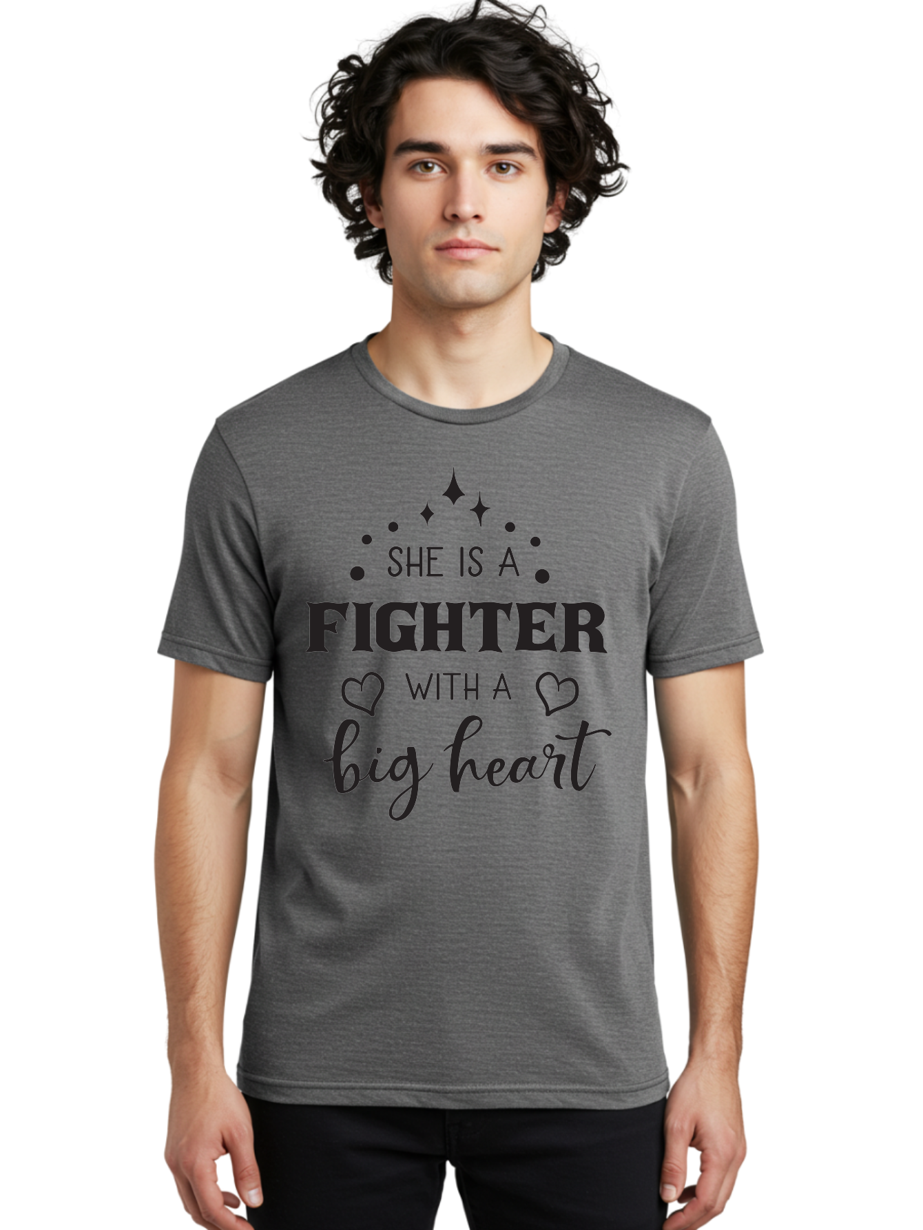 She-Is-A-Fighter Men'S Graphic Tee, 100% Cotton, Comfortable Casual Summer Wear, Machine Washable, Inspirational Quote, Motivational Phrase, Strong Woman, Fighter Mentality, Big Heart, Heartwarming Message, Empowerment, Positivity, Aad154
