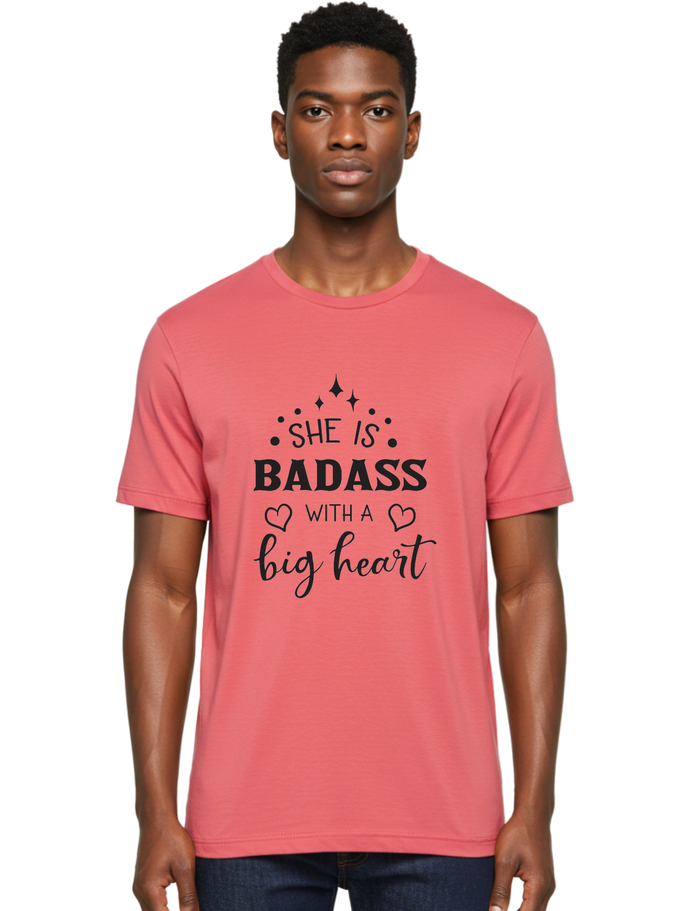 She-Is-Badass-With-A-Big-Heart Men'S Graphic Tee, 100% Cotton, Comfortable Casual Summer Wear, Machine Washable, Motivational Quotes, Inspirational Sayings, Empowerment Phrases, Feminine Strength, Positive Affirmations, Bold Typography, Aad155