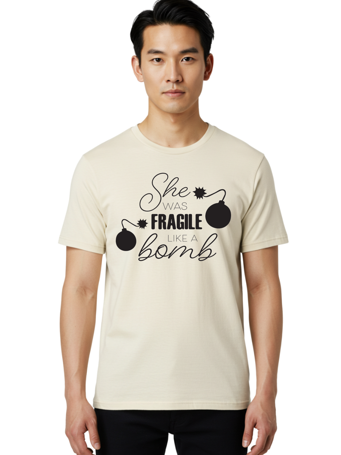 She-Was-Fragile-Like-A-Bomb Men'S Graphic Tee, 100% Cotton, Comfortable Casual Summer Wear, Machine Washable, Inspirational Quote, Motivational Phrase, Strong Women, Empowerment Message, Bomb Illustration, Powerful Graphics, Female Strength, Aad157