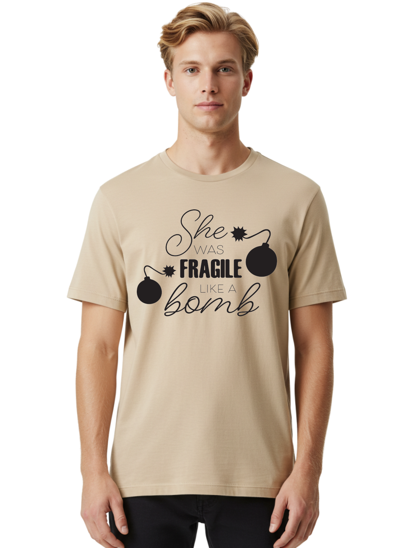 She-Was-Fragile-Like-A-Bomb Men'S Graphic Tee, 100% Cotton, Comfortable Casual Summer Wear, Machine Washable, Inspirational Quote, Motivational Phrase, Strong Women, Empowerment Message, Bomb Illustration, Powerful Graphics, Female Strength, Aad157