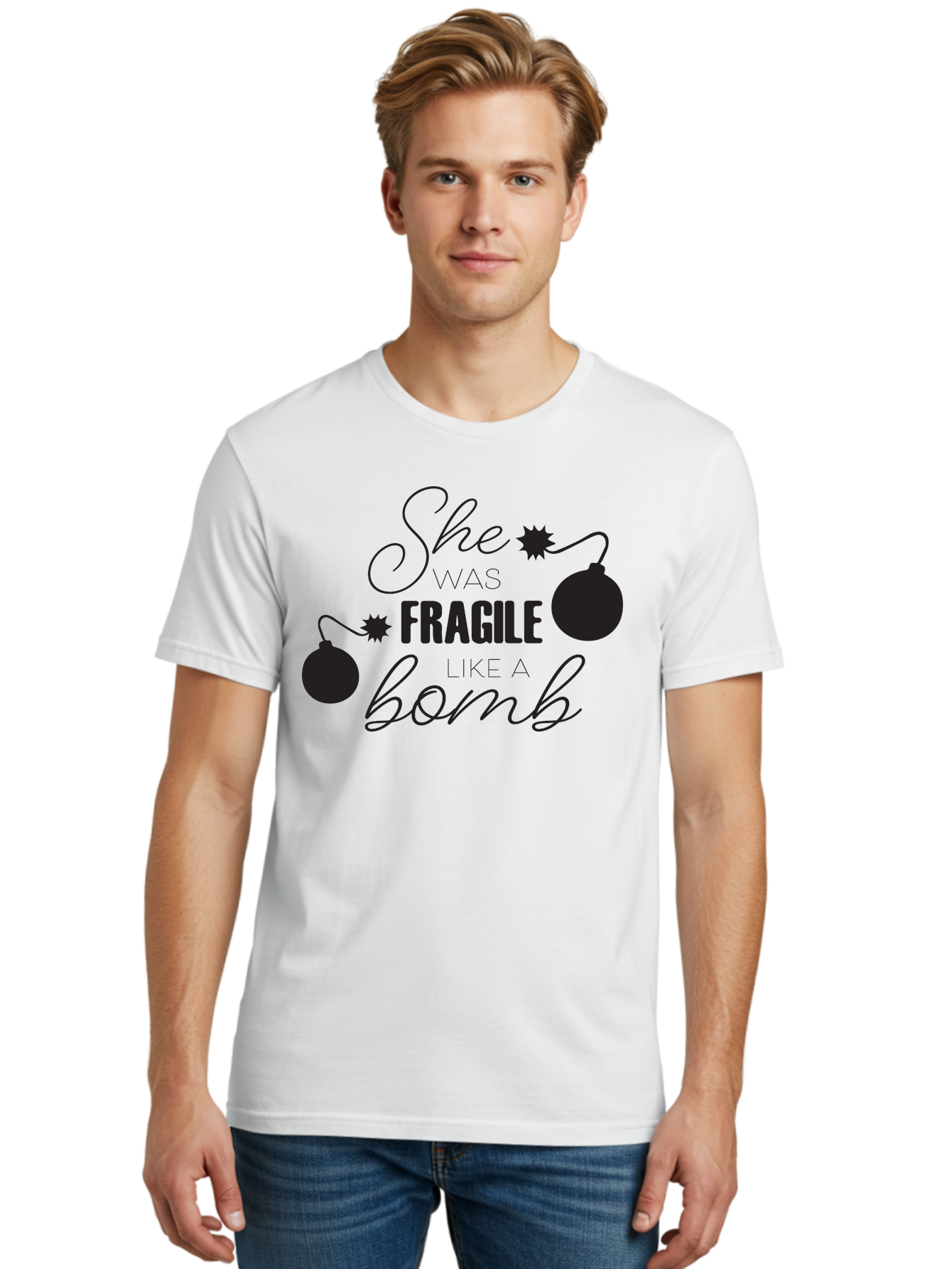 She-Was-Fragile-Like-A-Bomb Men'S Graphic Tee, 100% Cotton, Comfortable Casual Summer Wear, Machine Washable, Inspirational Quote, Motivational Phrase, Strong Women, Empowerment Message, Bomb Illustration, Powerful Graphics, Female Strength, Aad157