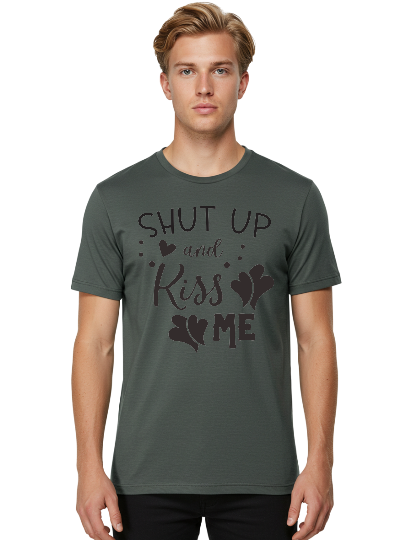 Shut-Up-And-Kiss-Me Men'S Graphic Tee, 100% Cotton, Comfortable Casual Summer Wear, Machine Washable, Love Quotes, Romantic Phrases, Kiss Me, Shut Up, Heart Shapes, Valentines Day, Love Messages, Couple Goals, Sweet Nothings Aad160