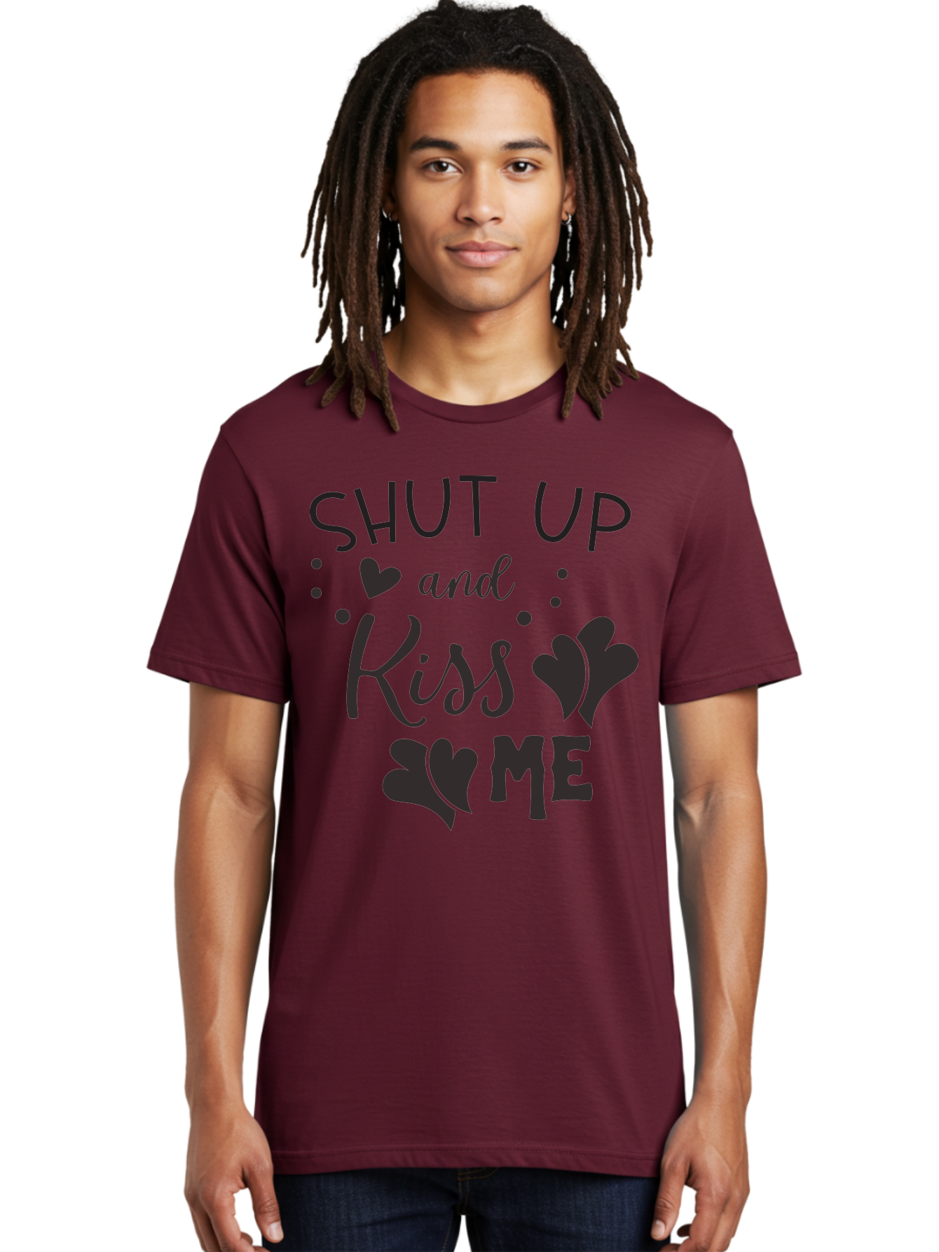 Shut-Up-And-Kiss-Me Men'S Graphic Tee, 100% Cotton, Comfortable Casual Summer Wear, Machine Washable, Love Quotes, Romantic Phrases, Kiss Me, Shut Up, Heart Shapes, Valentines Day, Love Messages, Couple Goals, Sweet Nothings Aad160