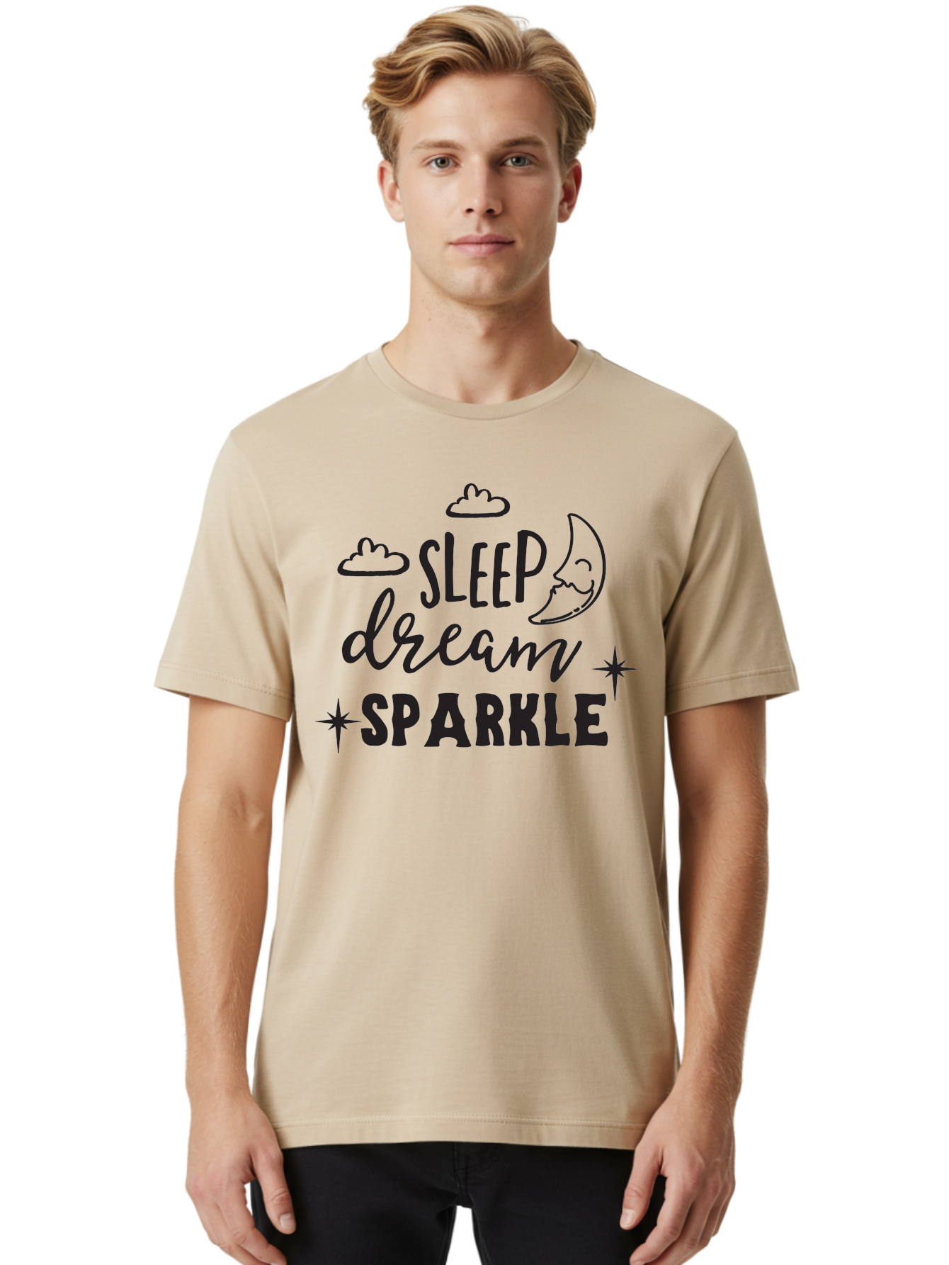 Sleep-Dream-Sparkle Men'S Graphic Tee, 100% Cotton, Comfortable Casual Summer Wear, Machine Washable, Inspirational Quote, Motivational Phrase, Sleep, Dream, Sparkle, Stars, Moon, Clouds, Whimsical Design, Positive Vibes, Good Night Message Aad163