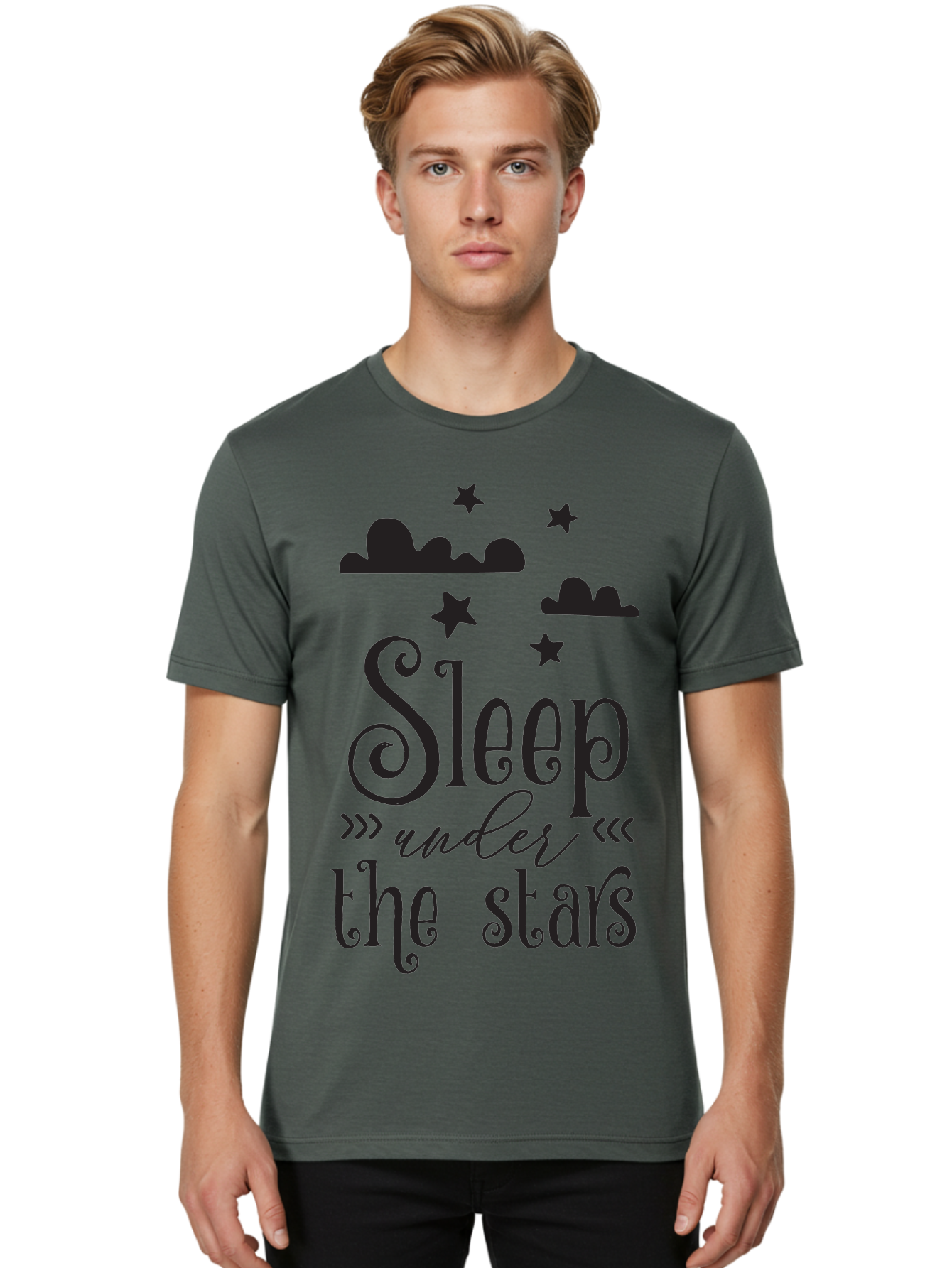 Sleep-Under-The-Stars Men'S Graphic Tee, 100% Cotton, Comfortable Casual Summer Wear, Machine Washable, Sleep Under The Stars, Night Sky, Starry Night, Relaxation, Calming Quote, Inspirational Quote, Celestial Theme, Dreamy Atmosphere Aad164