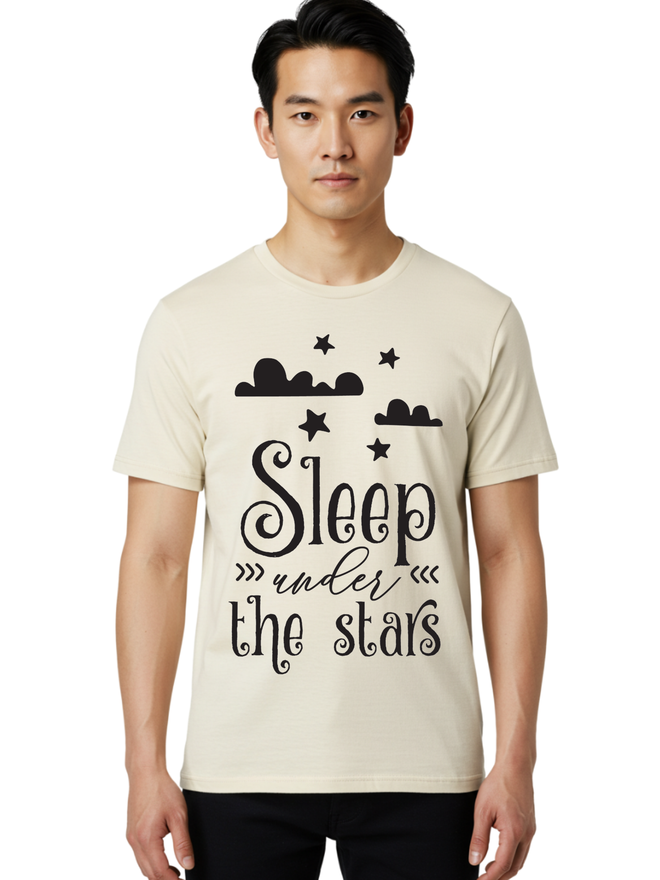 Sleep-Under-The-Stars Men'S Graphic Tee, 100% Cotton, Comfortable Casual Summer Wear, Machine Washable, Sleep Under The Stars, Night Sky, Starry Night, Relaxation, Calming Quote, Inspirational Quote, Celestial Theme, Dreamy Atmosphere Aad164
