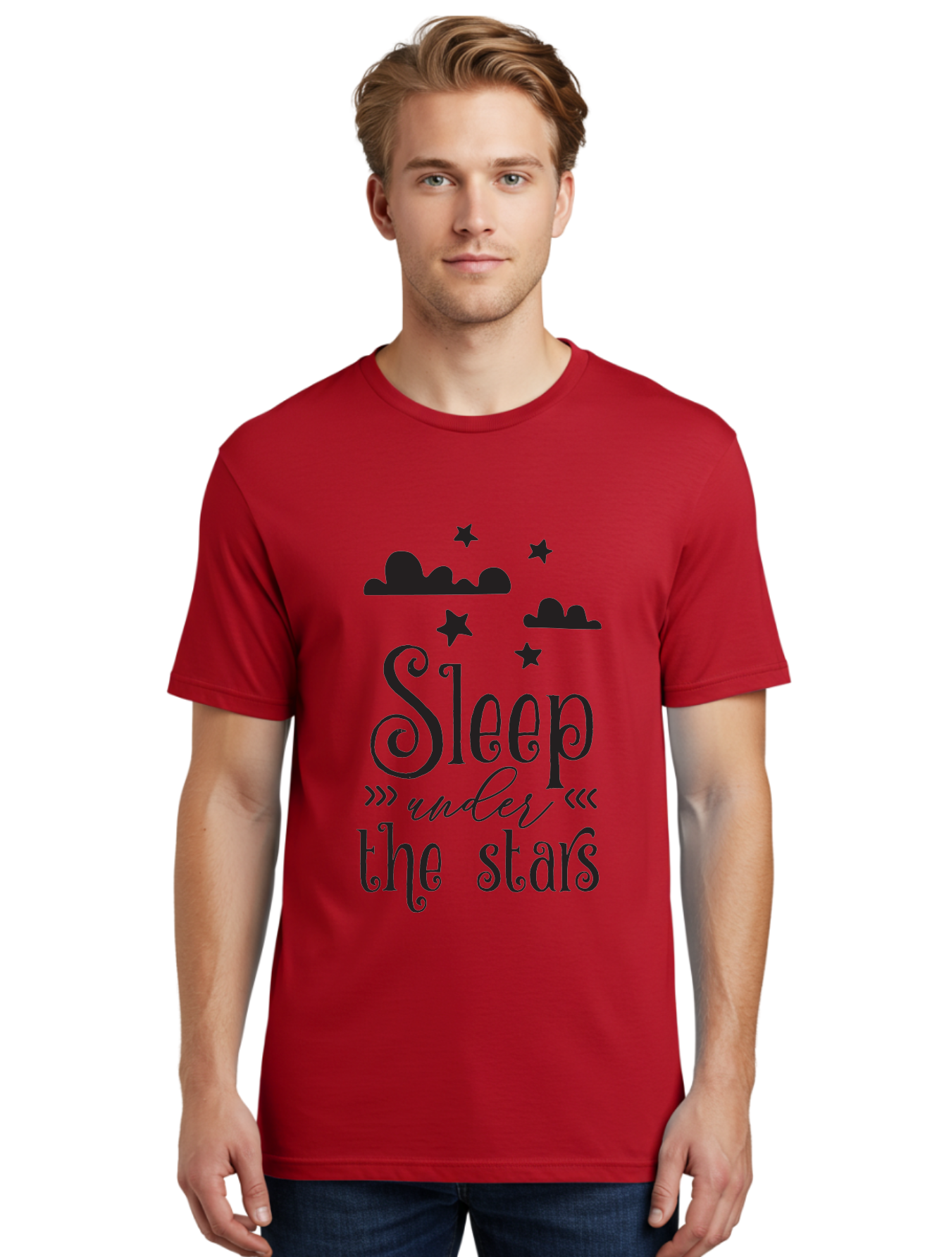 Sleep-Under-The-Stars Men'S Graphic Tee, 100% Cotton, Comfortable Casual Summer Wear, Machine Washable, Sleep Under The Stars, Night Sky, Starry Night, Relaxation, Calming Quote, Inspirational Quote, Celestial Theme, Dreamy Atmosphere Aad164