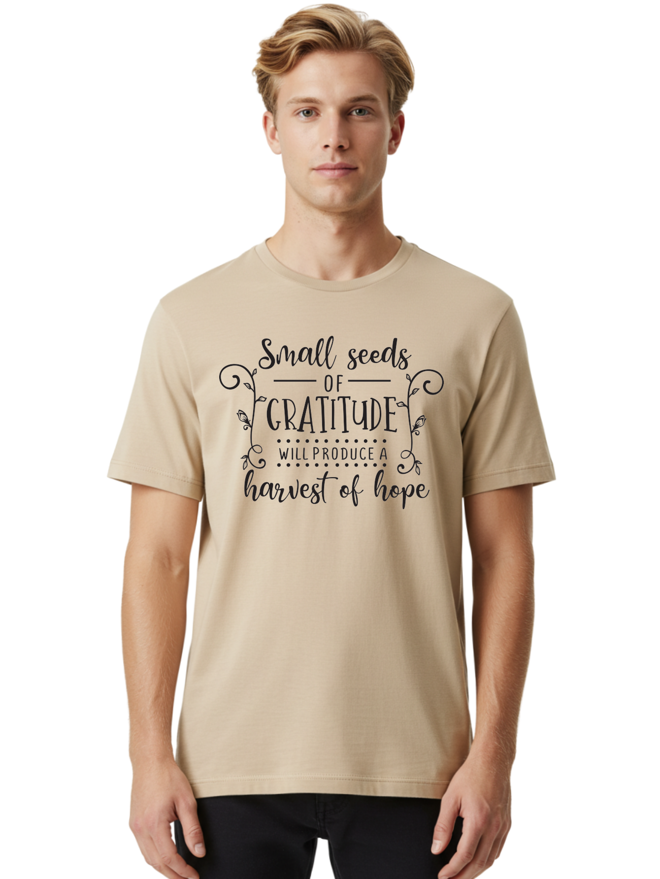 Small-Seeds-Of-Gratitude Men'S Graphic Tee, 100% Cotton, Comfortable Casual Summer Wear, Machine Washable, Gratitude Quotes, Hope And Positivity, Inspirational Sayings, Motivational Phrases, Positive Affirmations, Uplifting Messages, Aad166