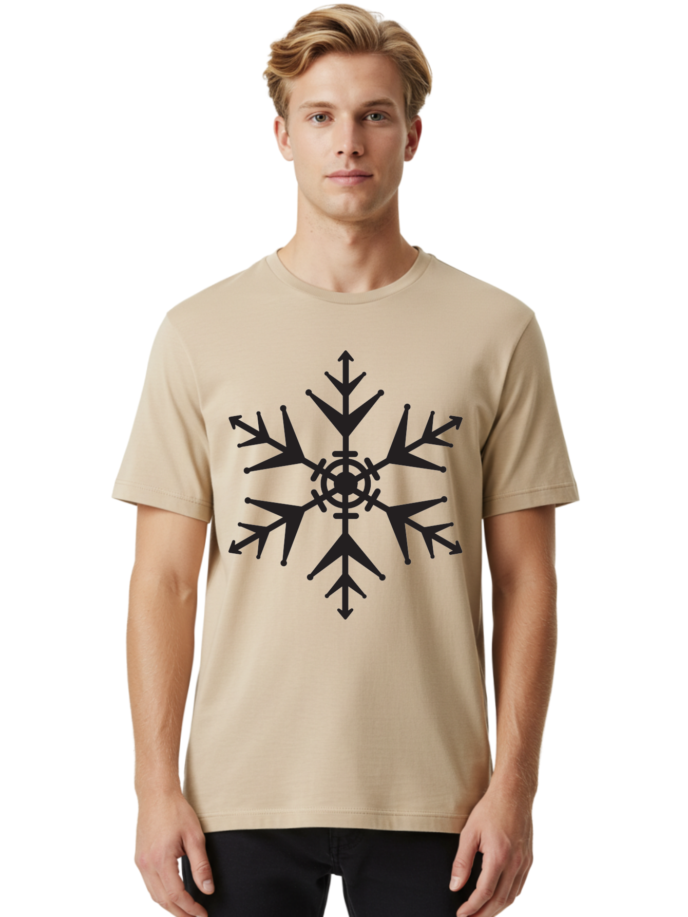 Snowflake-4 Men'S Graphic Tee, 100% Cotton, Comfortable Casual Summer Wear, Machine Washable, Snowflake Design, Black Silhouette, Six-Pointed Star, Symmetrical Pattern, Frosty Decor, Winter Symbol, Cold Weather, Symmetrical Shape Aad170