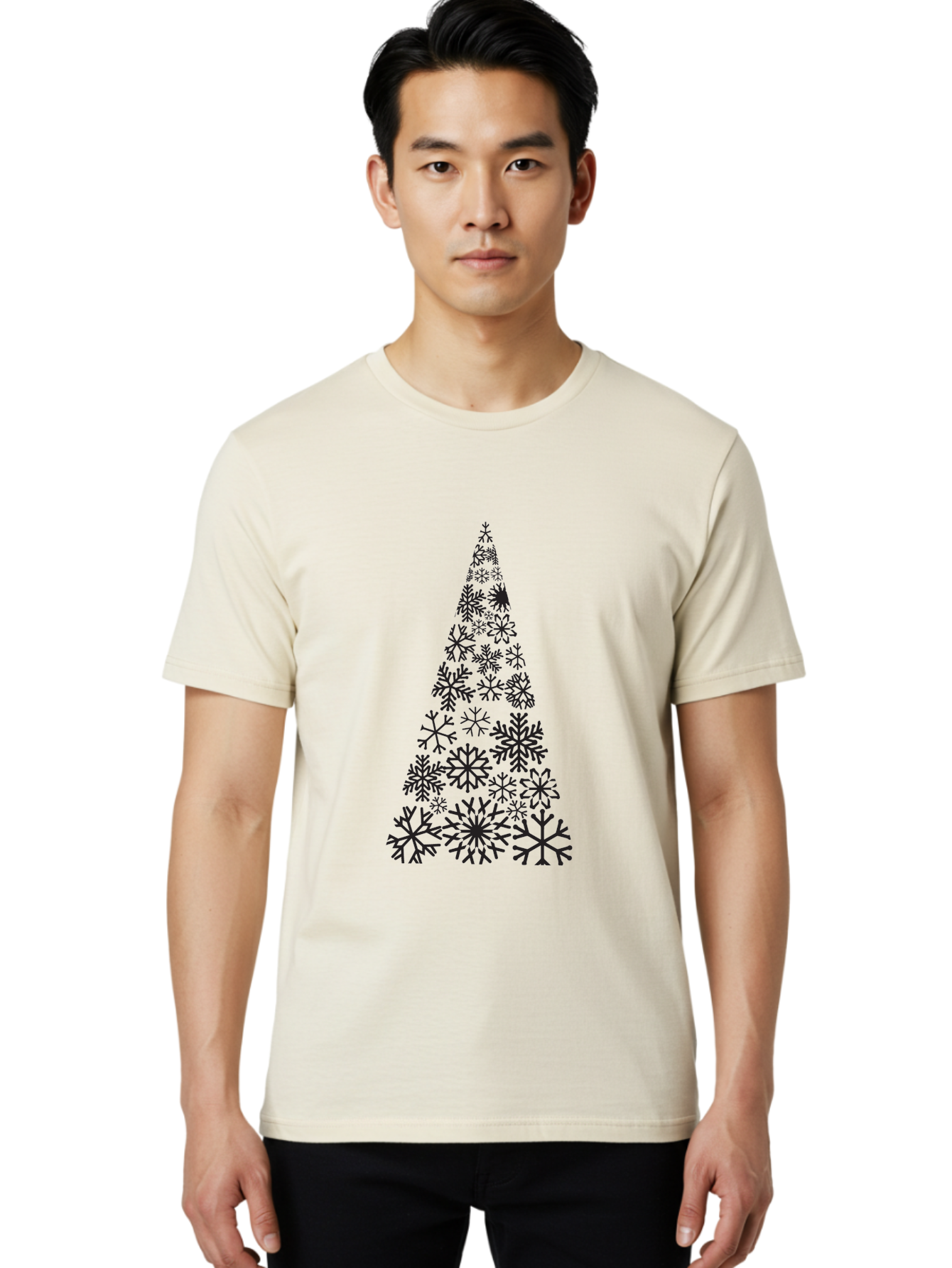 Snowflakes-Christmas-Tree Men'S Graphic Tee, 100% Cotton, Comfortable Casual Summer Wear, Machine Washable, Snowflake Christmas Tree, Festive Design, Winter Wonderland, Holiday Graphics, Seasonal Decor, Christmas Tree Silhouette, Snowflakes, Aad175