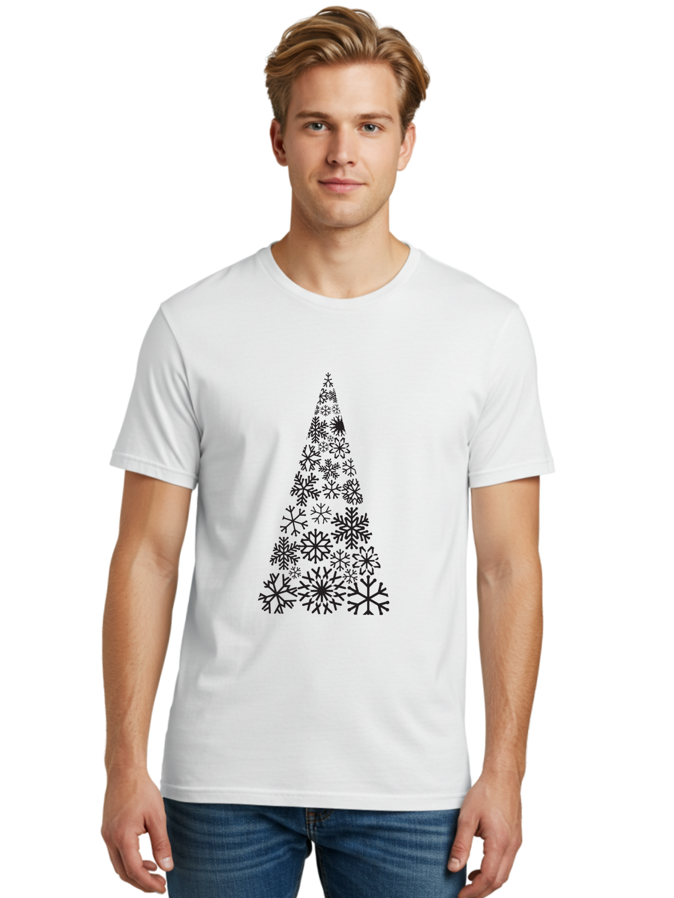 Snowflakes-Christmas-Tree Men'S Graphic Tee, 100% Cotton, Comfortable Casual Summer Wear, Machine Washable, Snowflake Christmas Tree, Festive Design, Winter Wonderland, Holiday Graphics, Seasonal Decor, Christmas Tree Silhouette, Snowflakes, Aad175