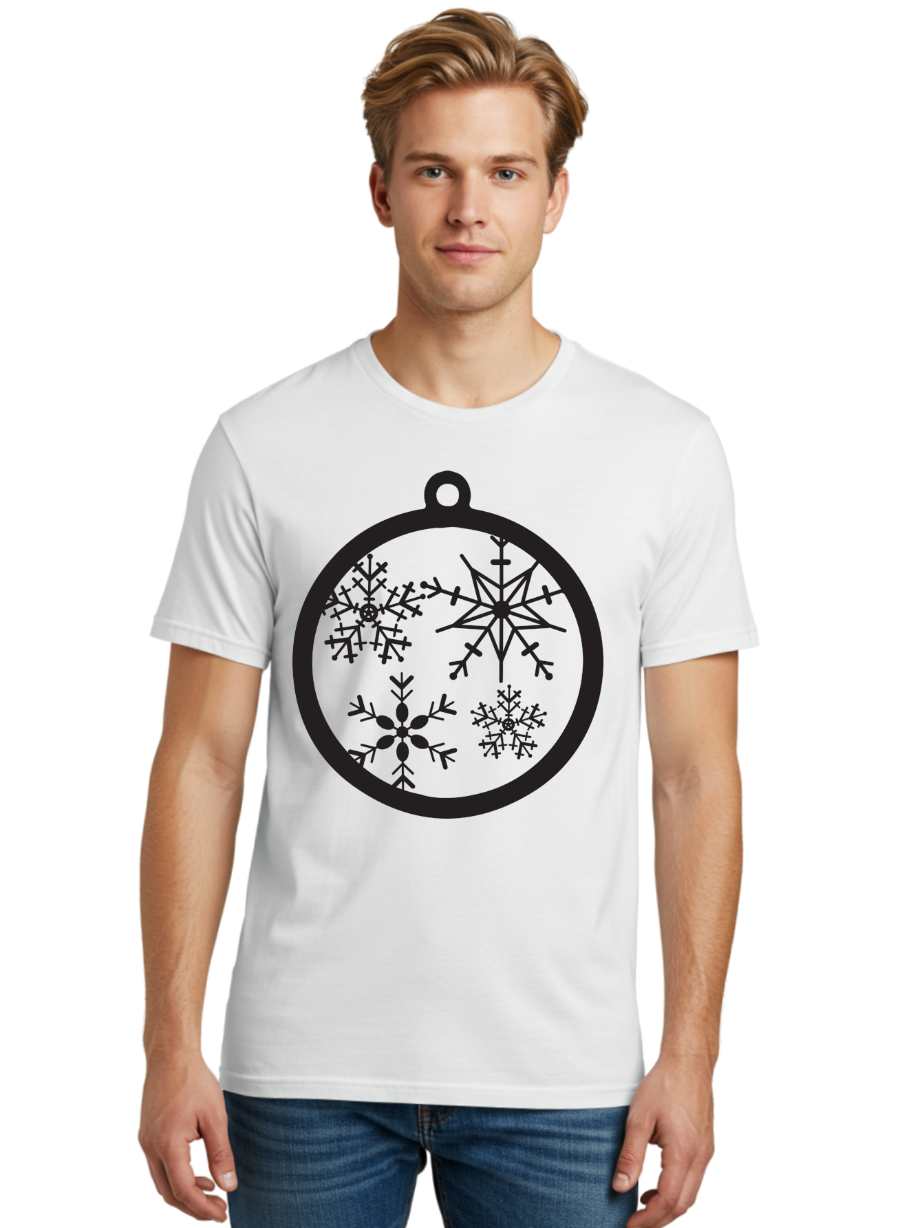 Snowflakes-Ornament-2 Men'S Graphic Tee, 100% Cotton, Comfortable Casual Summer Wear, Machine Washable, Snowflakes, Winter Decoration, Christmas Ornament, Festive Design, Holiday Decor, Black Silhouette, Intricate Patterns, Snowflake Art, Aad177
