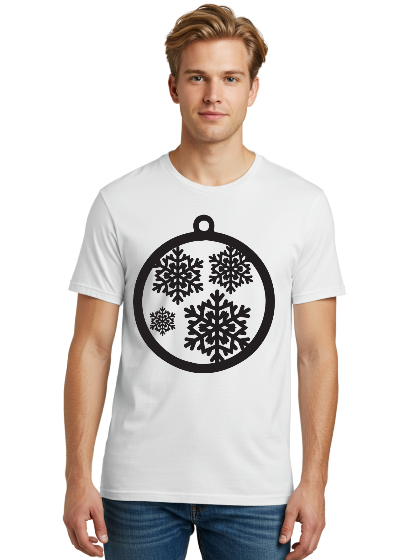Snowflakes-Ornament Men'S Graphic Tee, 100% Cotton, Comfortable Casual Summer Wear, Machine Washable, Black Christmas Bauble, Snowflakes, Festive Decoration, Holiday Ornament, Winter Wonderland, Seasonal Decor, Black Silhouette, Aad178