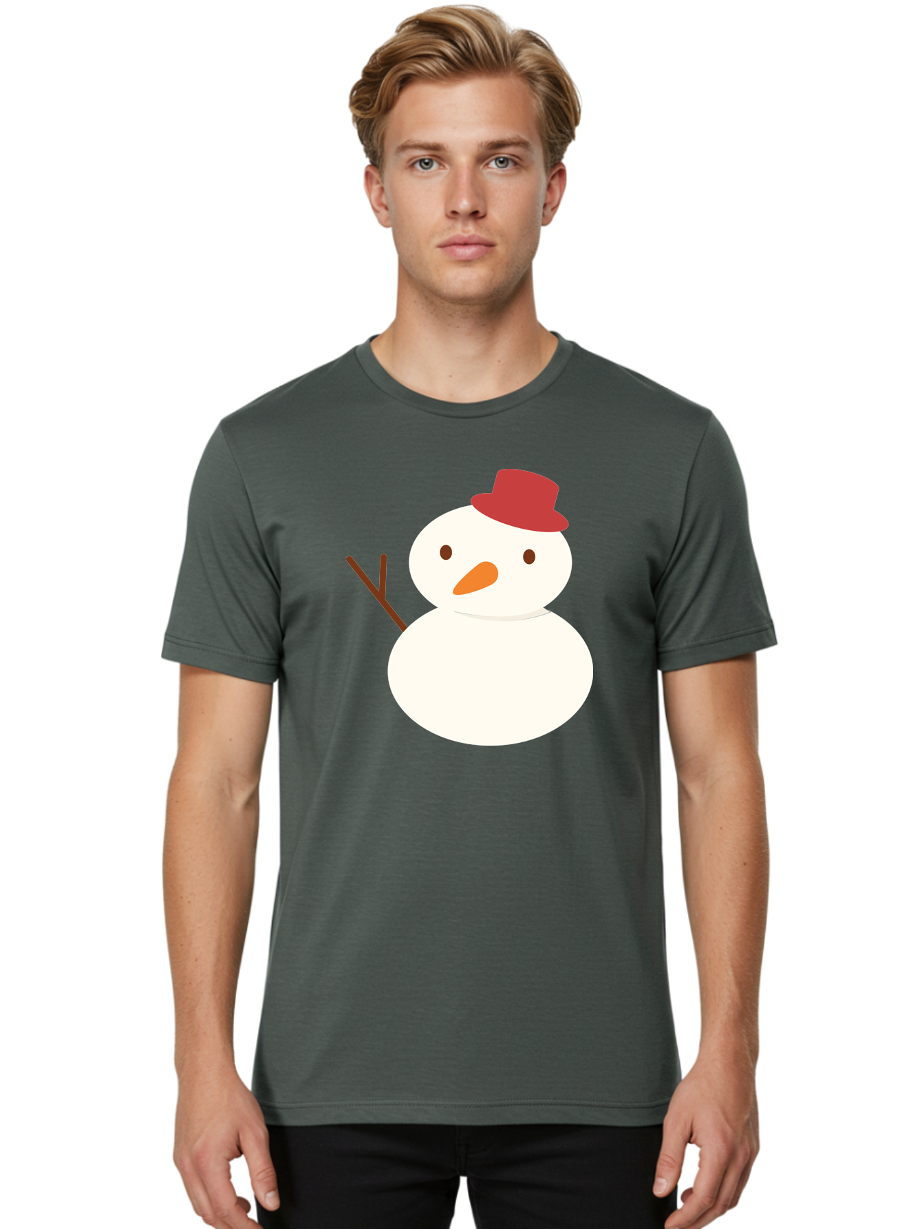 Snowman Men'S Graphic Tee, 100% Cotton, Comfortable Casual Summer Wear, Machine Washable, Snowman Character, Winter Icon, Snowman Illustration, Red Hat, Orange Nose, Stick Arms, Cartoon Snowman, Frosty Friend, Simple Snowman Design, Aad181