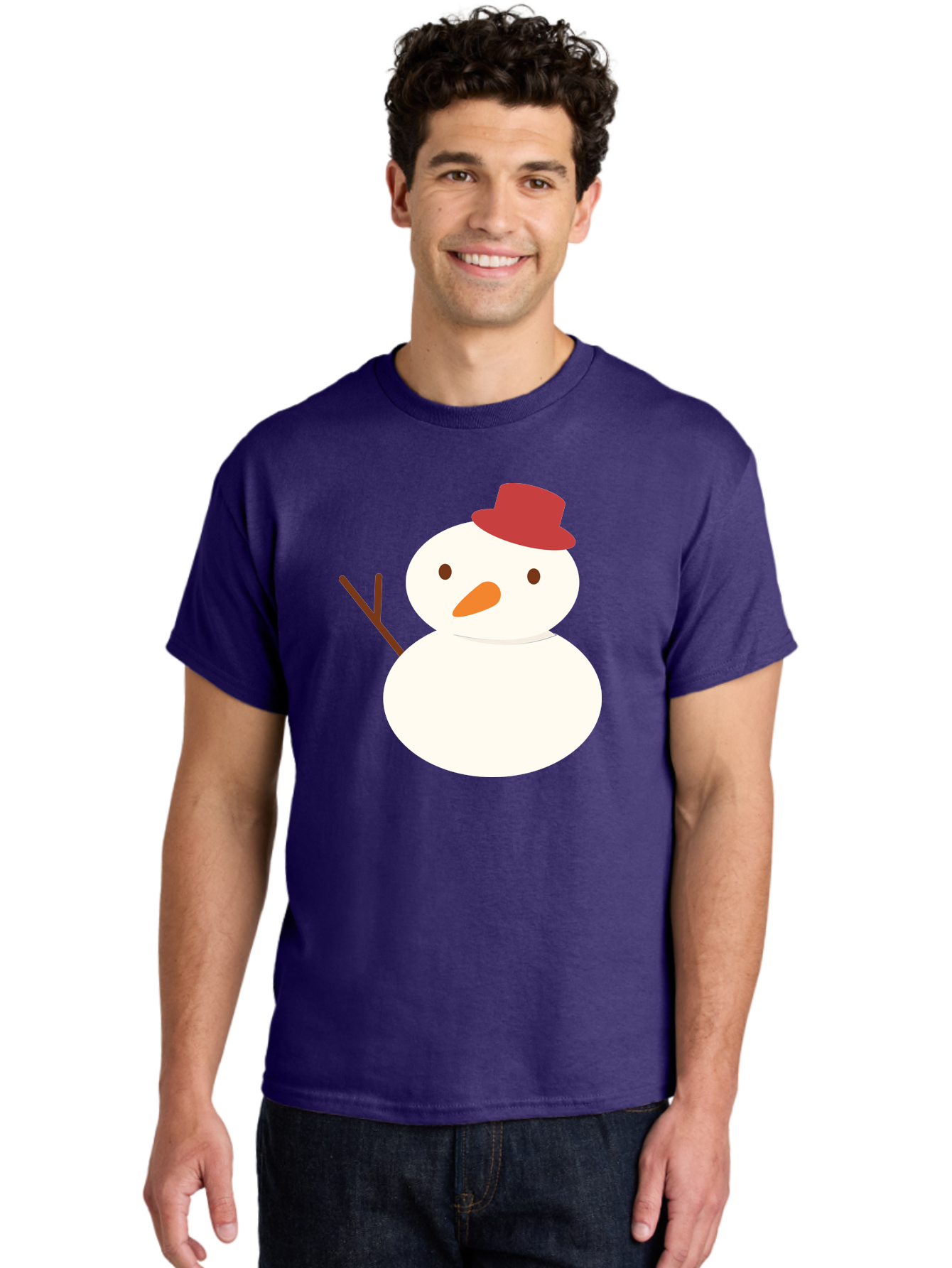 Snowman Men'S Graphic Tee, 100% Cotton, Comfortable Casual Summer Wear, Machine Washable, Snowman Character, Winter Icon, Snowman Illustration, Red Hat, Orange Nose, Stick Arms, Cartoon Snowman, Frosty Friend, Simple Snowman Design, Aad181