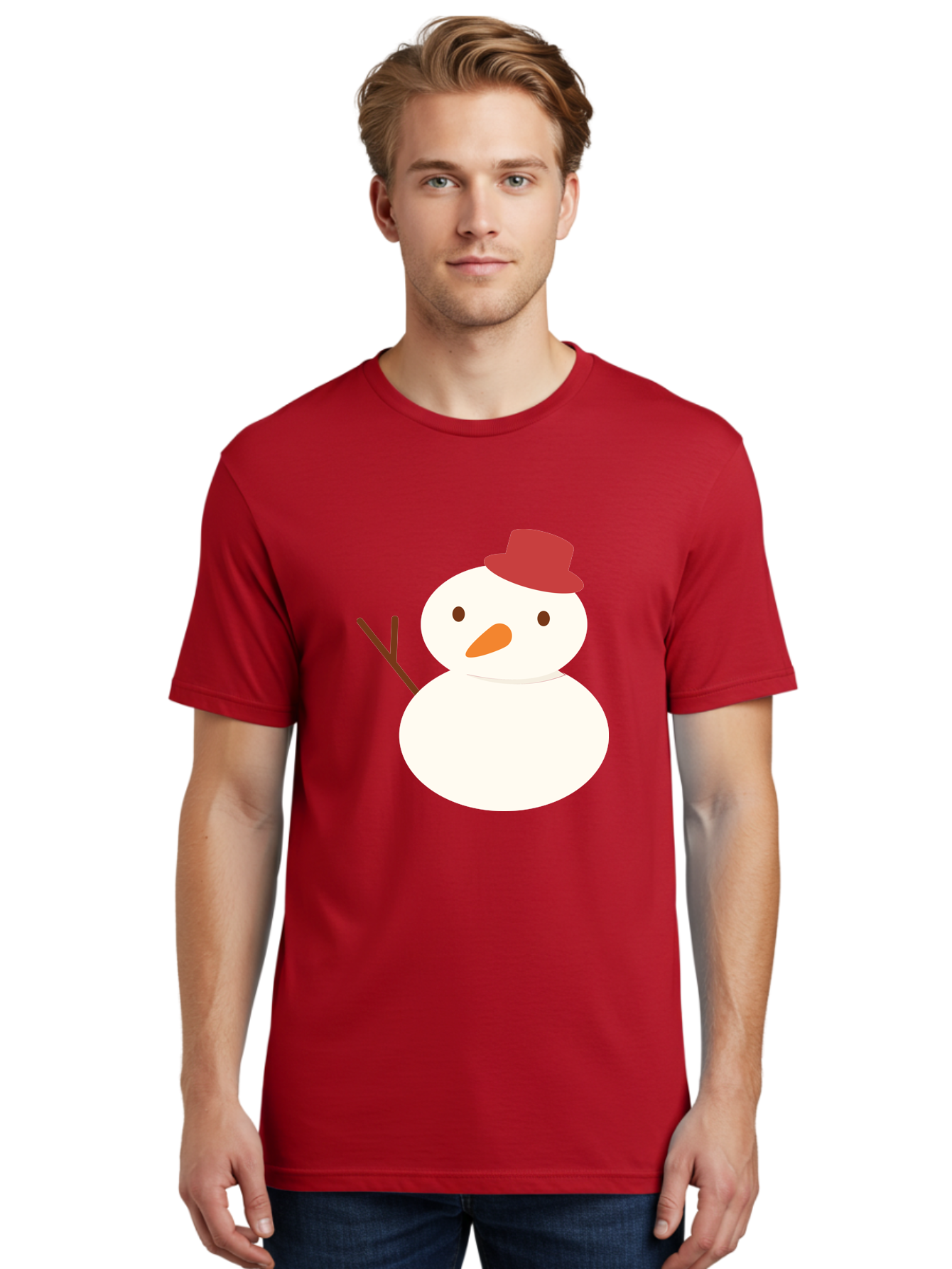 Snowman Men'S Graphic Tee, 100% Cotton, Comfortable Casual Summer Wear, Machine Washable, Snowman Character, Winter Icon, Snowman Illustration, Red Hat, Orange Nose, Stick Arms, Cartoon Snowman, Frosty Friend, Simple Snowman Design, Aad181