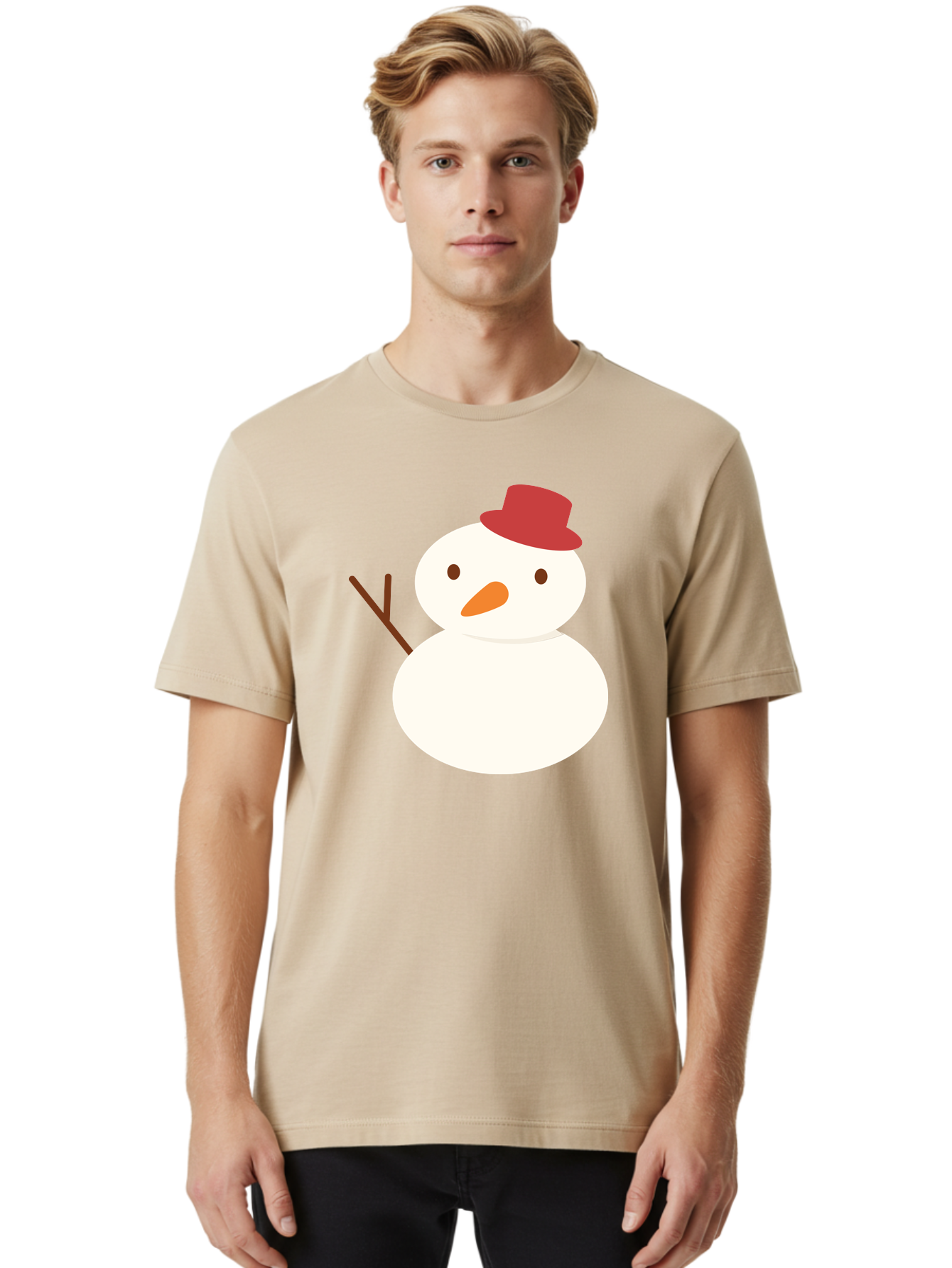 Snowman Men'S Graphic Tee, 100% Cotton, Comfortable Casual Summer Wear, Machine Washable, Snowman Character, Winter Icon, Snowman Illustration, Red Hat, Orange Nose, Stick Arms, Cartoon Snowman, Frosty Friend, Simple Snowman Design, Aad181