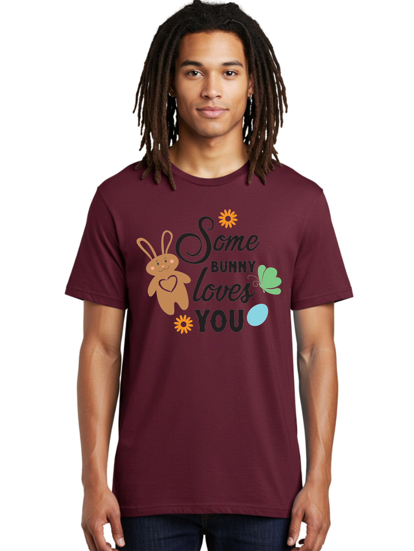 Some-Bunny-Loves-You Men'S Graphic Tee, 100% Cotton, Comfortable Casual Summer Wear, Machine Washable, Easter Bunny, Love Message, Cute Cartoons, Hearts, Spring Theme, Easter Eggs, Festive Designs, Adorable Bunnies, Spring Decorations Aad186