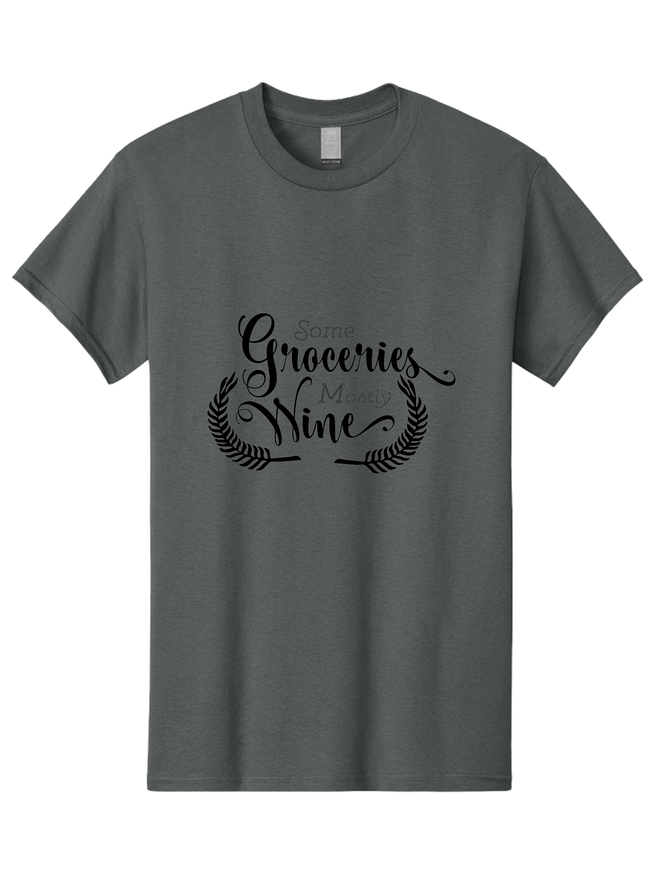 Some-Groceries-Mostly-Wine Men'S Graphic Tee, 100% Cotton, Comfortable Casual Summer Wear, Machine Washable, Grocery Shopping, Wine Lovers, Humorous Quote, Elegant Typography, Leafy Wreath, Shopping Humor, Funny Sayings Aad187