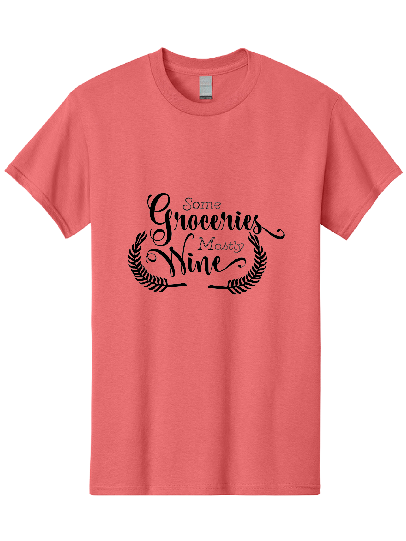 Some-Groceries-Mostly-Wine Men'S Graphic Tee, 100% Cotton, Comfortable Casual Summer Wear, Machine Washable, Grocery Shopping, Wine Lovers, Humorous Quote, Elegant Typography, Leafy Wreath, Shopping Humor, Funny Sayings Aad187