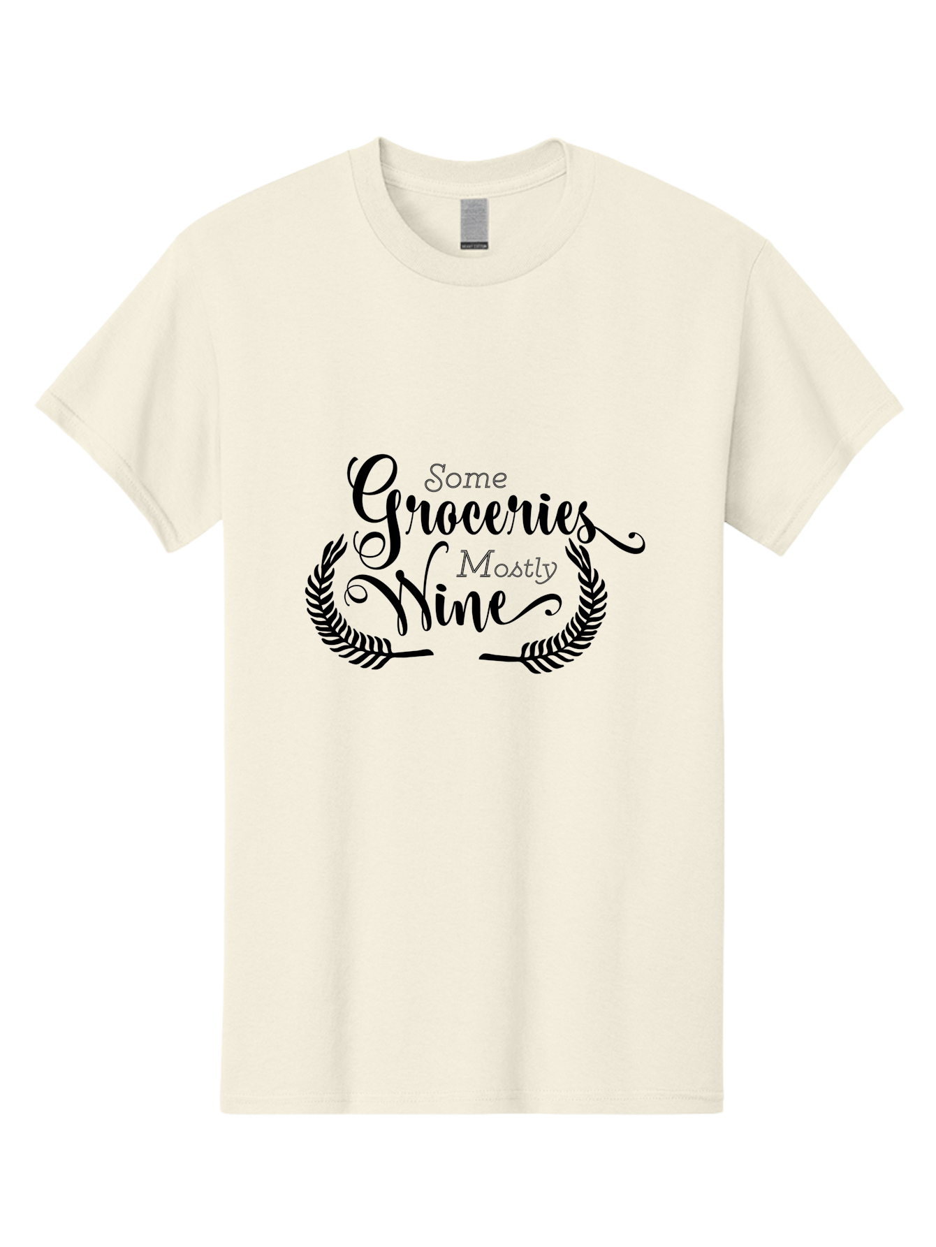 Some-Groceries-Mostly-Wine Men'S Graphic Tee, 100% Cotton, Comfortable Casual Summer Wear, Machine Washable, Grocery Shopping, Wine Lovers, Humorous Quote, Elegant Typography, Leafy Wreath, Shopping Humor, Funny Sayings Aad187