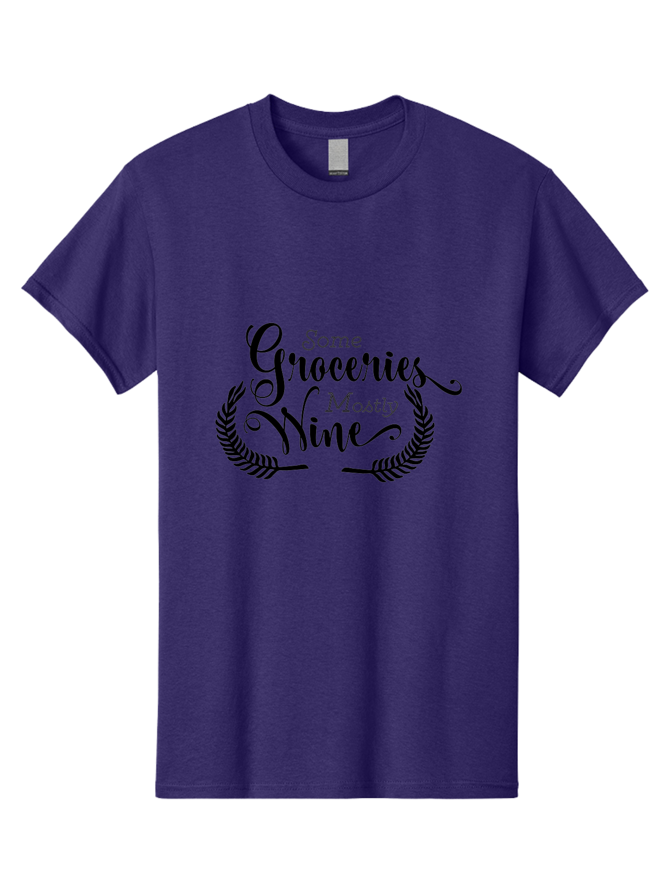 Some-Groceries-Mostly-Wine Men'S Graphic Tee, 100% Cotton, Comfortable Casual Summer Wear, Machine Washable, Grocery Shopping, Wine Lovers, Humorous Quote, Elegant Typography, Leafy Wreath, Shopping Humor, Funny Sayings Aad187