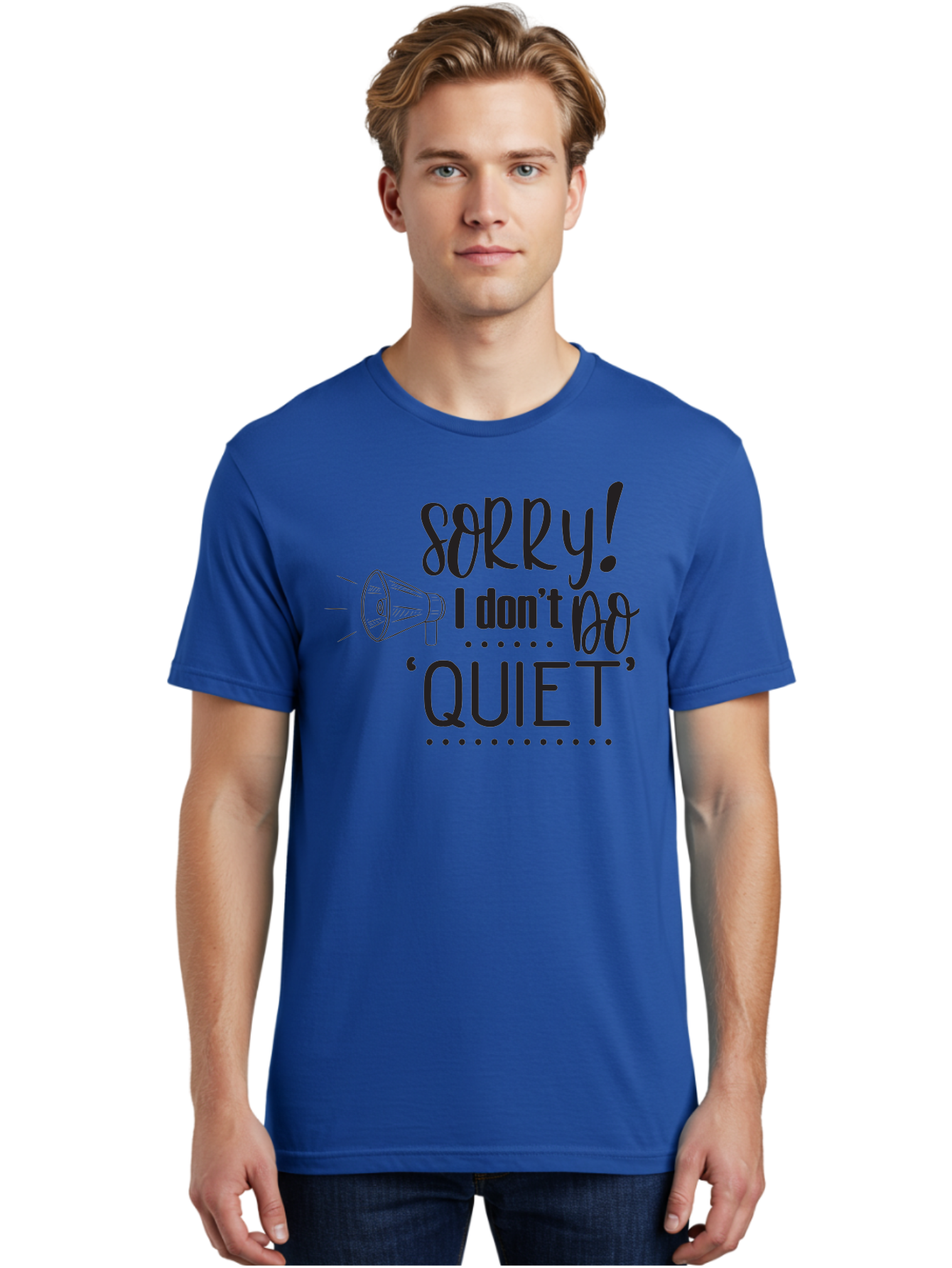 Sorry-I-Don-T-Do-Quiet Men'S Graphic Tee, 100% Cotton, Comfortable Casual Summer Wear, Machine Washable, Humorous Quote, Funny Saying, Loud Personality, Megaphone Illustration, Playful Typography, Quirky Humor, Bold Statement, Loud And Proud Aad190