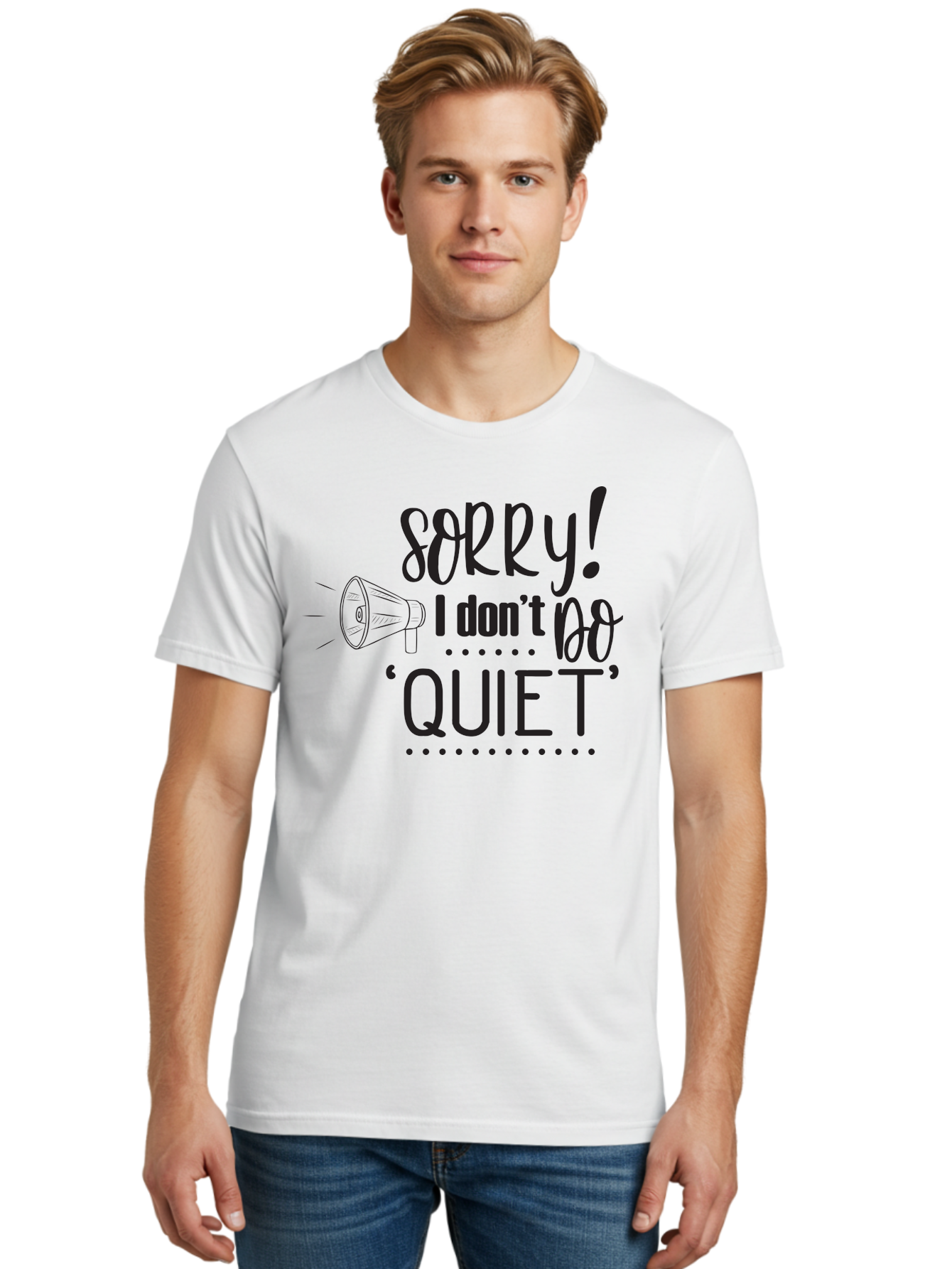 Sorry-I-Don-T-Do-Quiet Men'S Graphic Tee, 100% Cotton, Comfortable Casual Summer Wear, Machine Washable, Humorous Quote, Funny Saying, Loud Personality, Megaphone Illustration, Playful Typography, Quirky Humor, Bold Statement, Loud And Proud Aad190