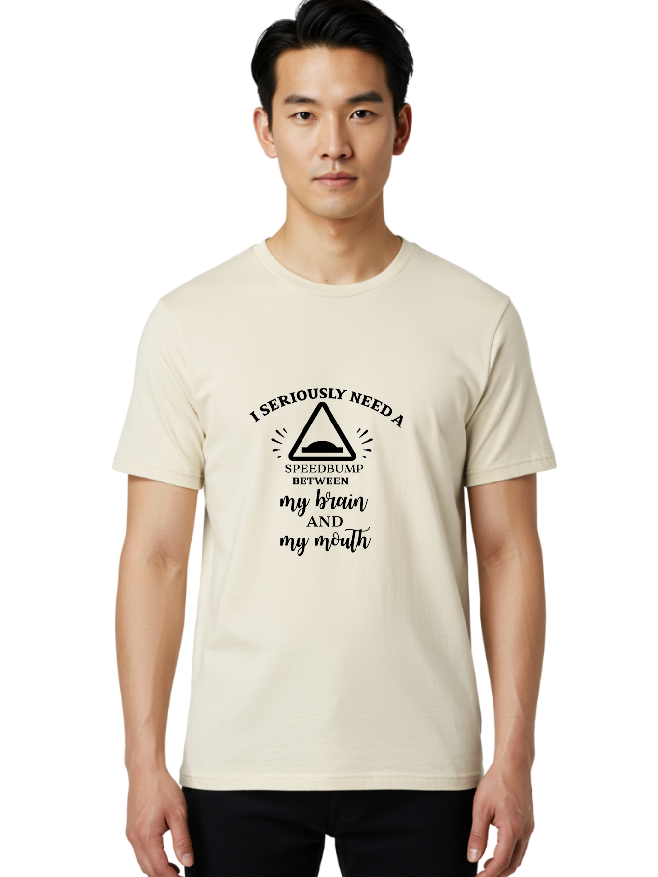 Speedbump Men'S Graphic Tee, 100% Cotton, Comfortable Casual Summer Wear, Machine Washable, Funny Quote, Humorous Saying, Sarcastic Humor, Witty Remark, Caution Sign, Speedbump, Brain And Mouth, Clever Phrase, Tongue-In-Cheek Humor Aad191