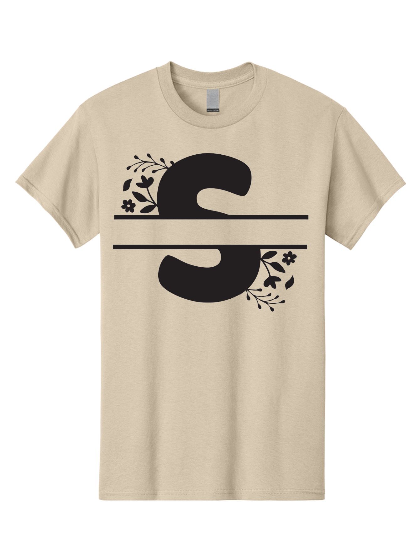 Ss-Floral-Design Men'S Graphic Tee, 100% Cotton, Comfortable Casual Summer Wear, Machine Washable, Floral Design, Double S, Black Letters, Leafy Vines, Flowers, Elegant Typography, Decorative Elements, S Lettering Aad194