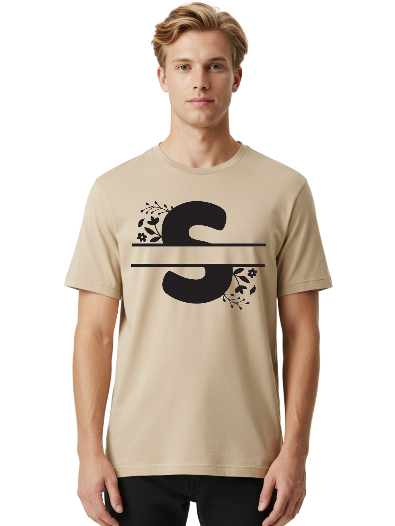Ss-Floral-Design Men'S Graphic Tee, 100% Cotton, Comfortable Casual Summer Wear, Machine Washable, Floral Design, Double S, Black Letters, Leafy Vines, Flowers, Elegant Typography, Decorative Elements, S Lettering Aad194