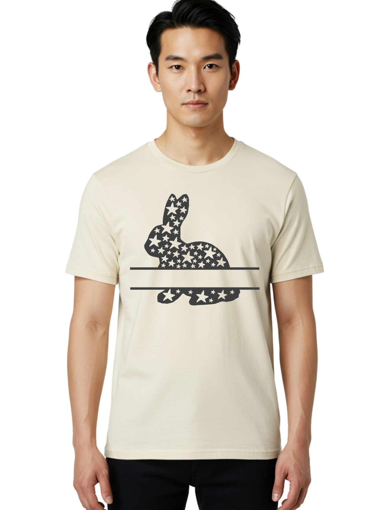 Star-Bunny Men'S Graphic Tee, 100% Cotton, Comfortable Casual Summer Wear, Machine Washable, Rabbit Silhouette, Decorative Stars, Minimalist Design, Modern Art, Artistic Expression, Star Pattern, Cute Rabbit Aad195
