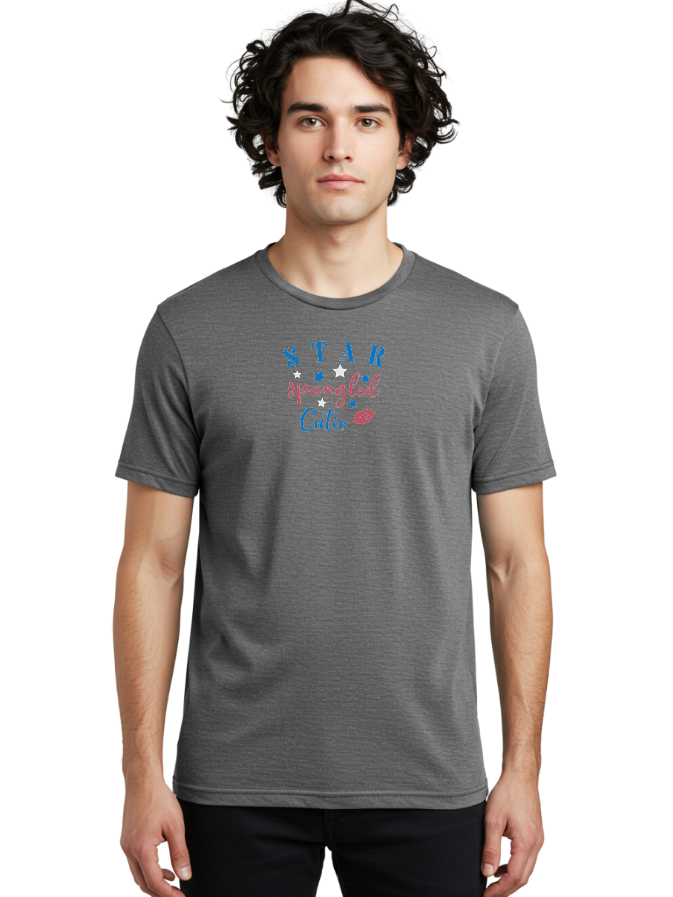 Star-Spangled-Cutie Men'S Graphic Tee, 100% Cotton, Comfortable Casual Summer Wear, Machine Washable, Star Spangled Cutie, Cute Typography, Blue And Pink Text, Pink Lips, Star Graphics, Feminine Design, Playful Font, Whimsical Elements, Aad198