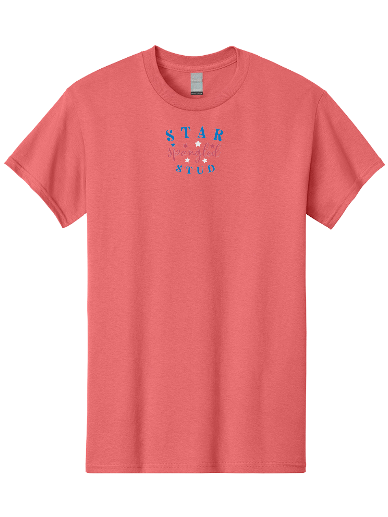 Star-Spangled-Stud Men'S Graphic Tee, 100% Cotton, Comfortable Casual Summer Wear, Machine Washable, Star Spangled Stud, Bold Typography, Blue And Pink Text, White And Pink Stars, Festive Design, Celebratory Theme, Inspirational Quote, Aad199