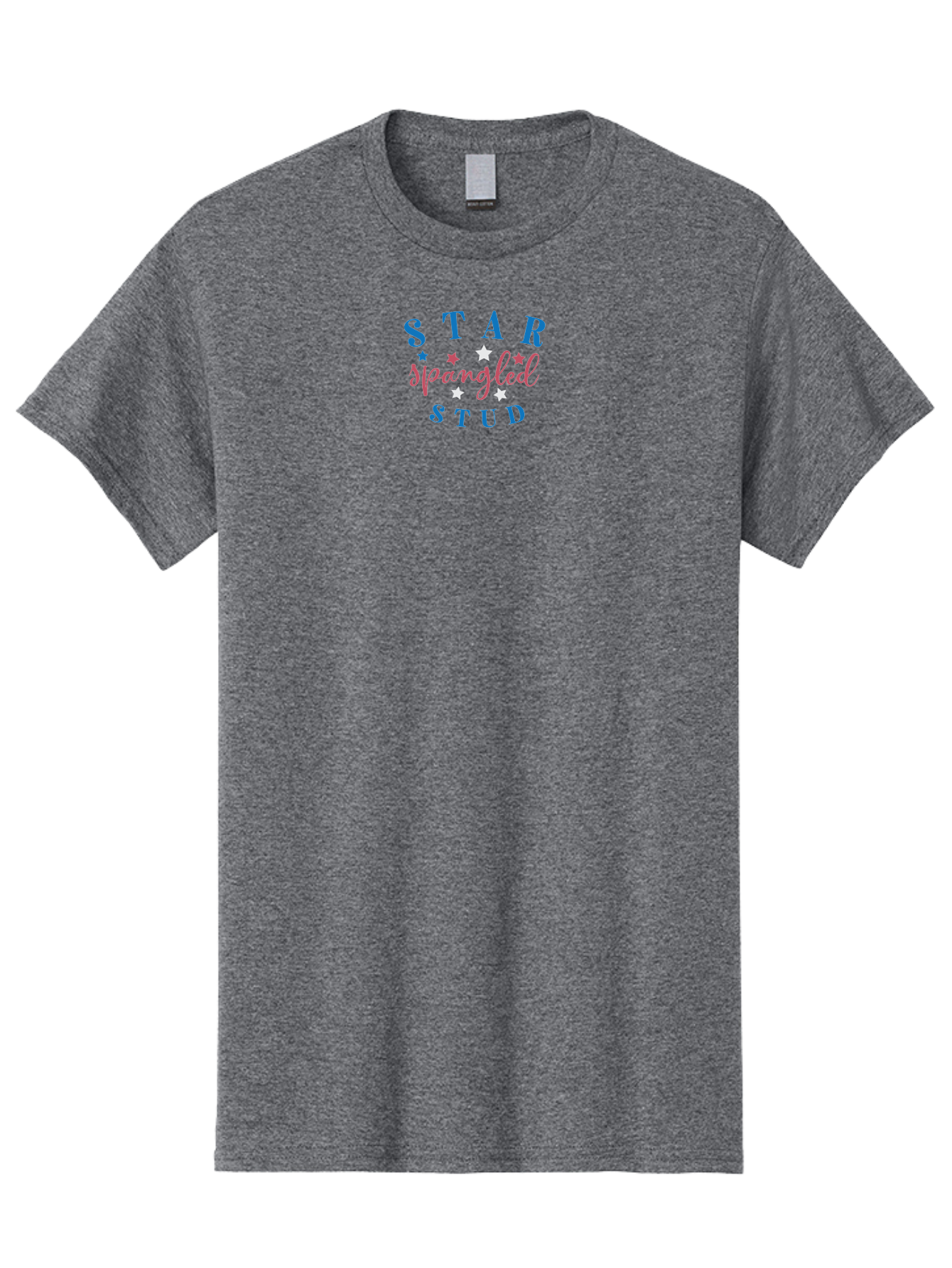 Star-Spangled-Stud Men'S Graphic Tee, 100% Cotton, Comfortable Casual Summer Wear, Machine Washable, Star Spangled Stud, Bold Typography, Blue And Pink Text, White And Pink Stars, Festive Design, Celebratory Theme, Inspirational Quote, Aad199