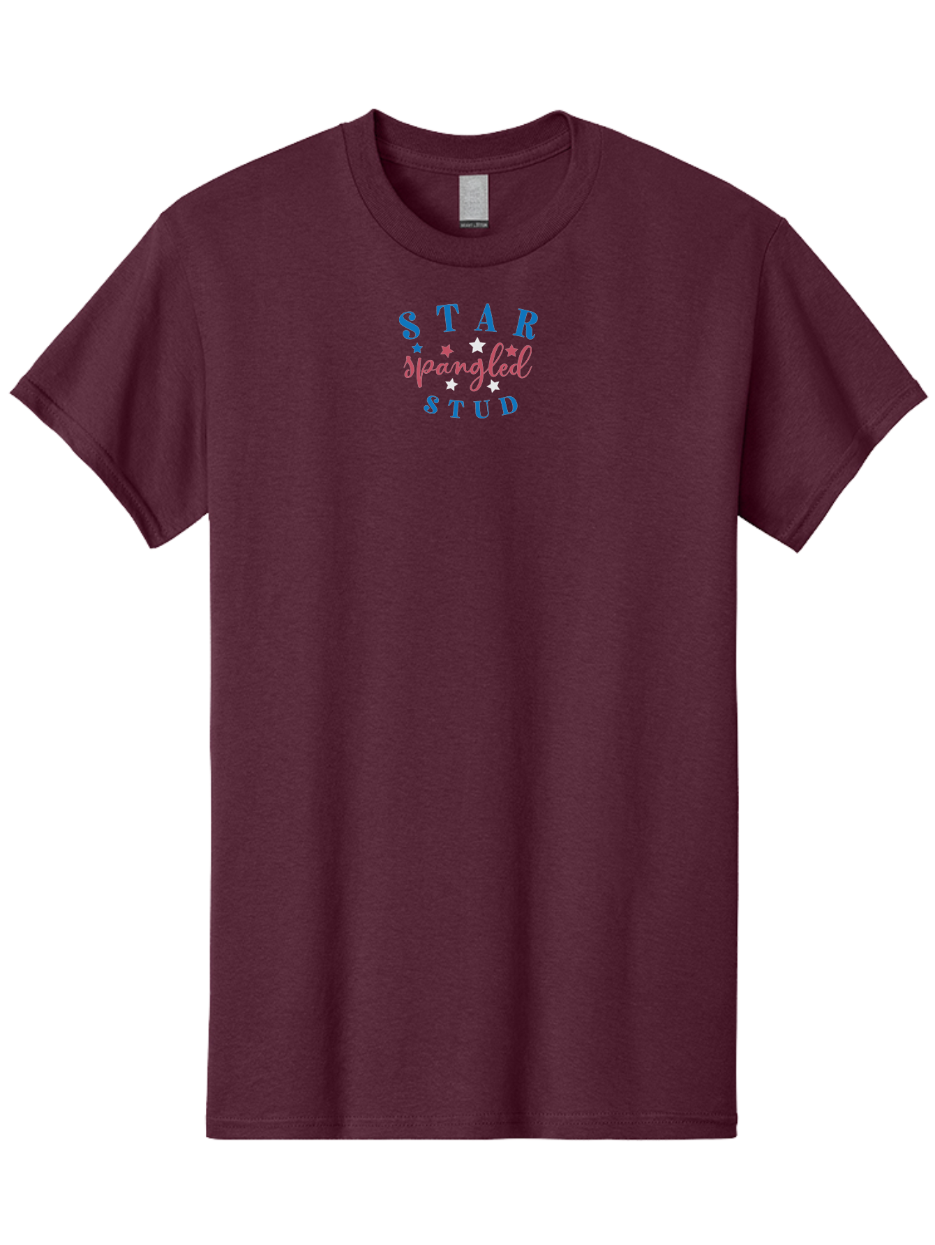 Star-Spangled-Stud Men'S Graphic Tee, 100% Cotton, Comfortable Casual Summer Wear, Machine Washable, Star Spangled Stud, Bold Typography, Blue And Pink Text, White And Pink Stars, Festive Design, Celebratory Theme, Inspirational Quote, Aad199