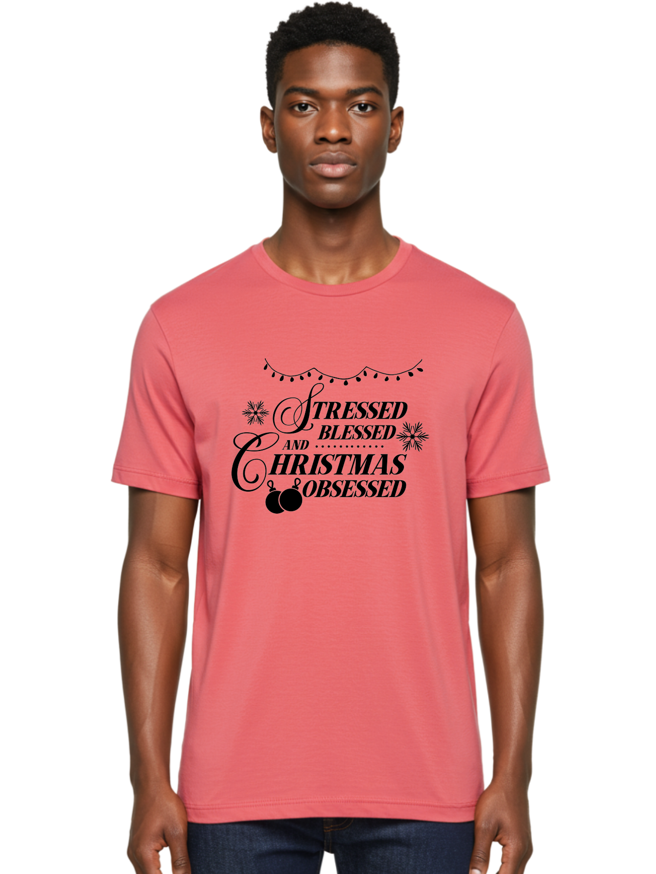 Stressed-Blessed-And-Christmas-Obsessed Men'S Graphic Tee, 100% Cotton, Comfortable Casual Summer Wear, Machine Washable, Christmas Quote, Holiday Phrase, Stressed Blessed And Christmas Obsessed, Festive Decorations, Christmas Ornaments, Aad204