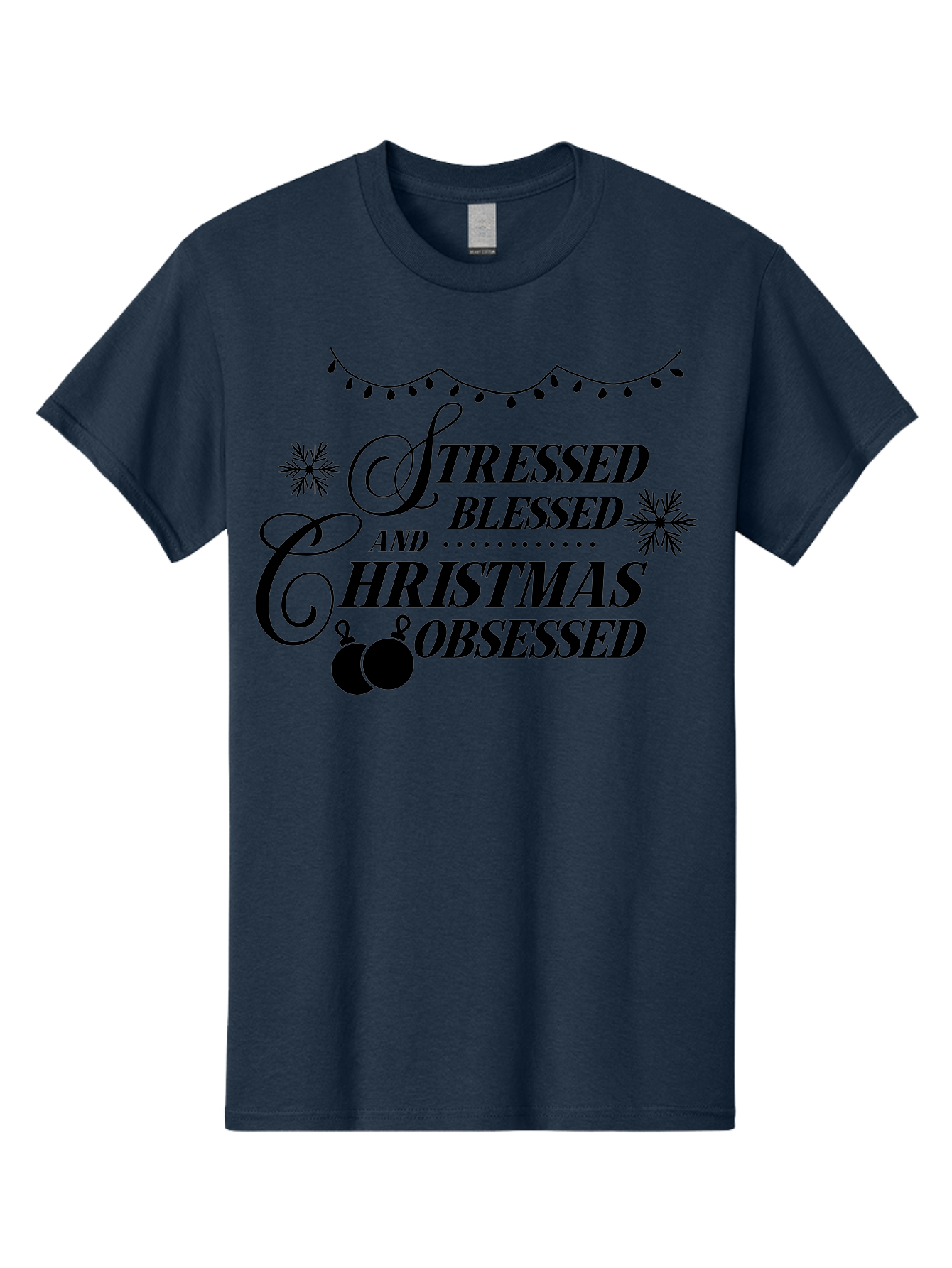 Stressed-Blessed-And-Christmas-Obsessed Men'S Graphic Tee, 100% Cotton, Comfortable Casual Summer Wear, Machine Washable, Christmas Quote, Holiday Phrase, Stressed Blessed And Christmas Obsessed, Festive Decorations, Christmas Ornaments, Aad204