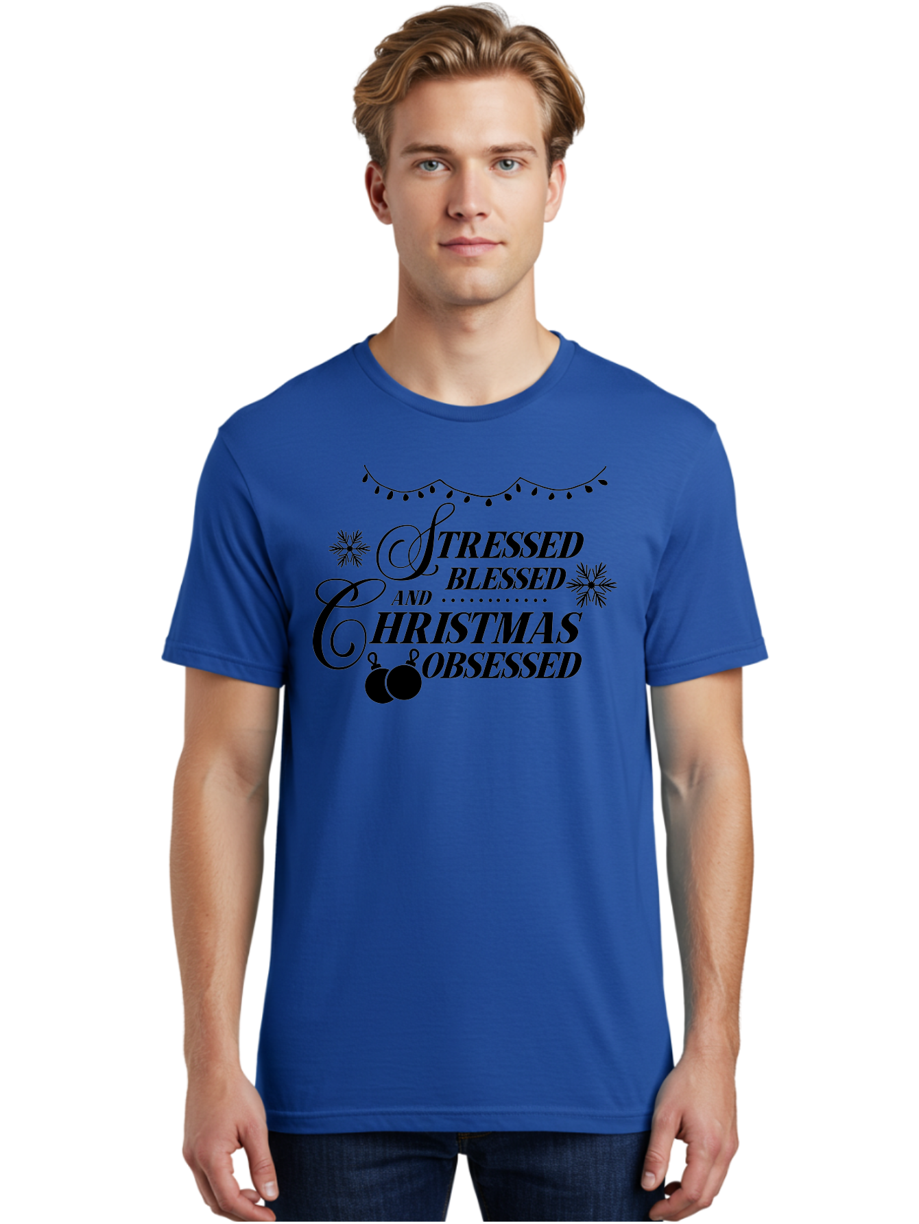 Stressed-Blessed-And-Christmas-Obsessed Men'S Graphic Tee, 100% Cotton, Comfortable Casual Summer Wear, Machine Washable, Christmas Quote, Holiday Phrase, Stressed Blessed And Christmas Obsessed, Festive Decorations, Christmas Ornaments, Aad204