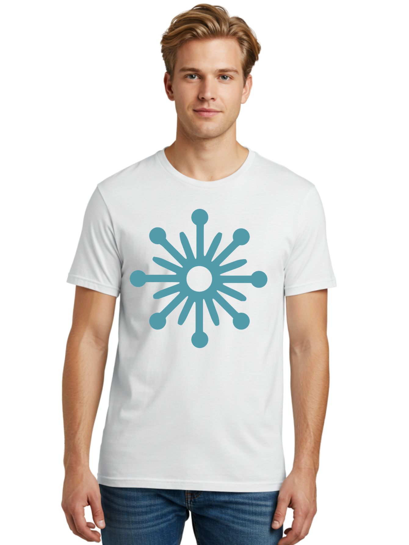 Stylized-Asterisk Men'S Graphic Tee, 100% Cotton, Comfortable Casual Summer Wear, Machine Washable, Stylized Virus Graphic, Abstract Microbiology, Symmetrical Design, Modern Iconography, Simple Shapes, Blue Symbol Aad206