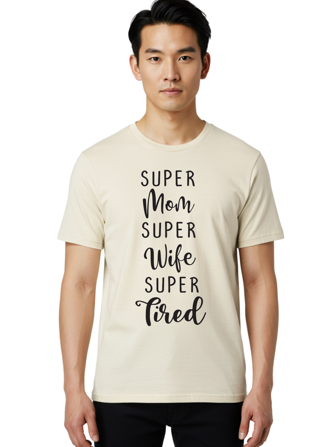 Super-Mom-Super-Wife-Super-Tired Men'S Graphic Tee, 100% Cotton, Comfortable Casual Summer Wear, Machine Washable, Super Mom, Super Wife, Super Tired, Mom Life, Motherhood, Wife Goals, Funny Quote, Relatable Humor, Mom Humor, Tired Mom Aad210