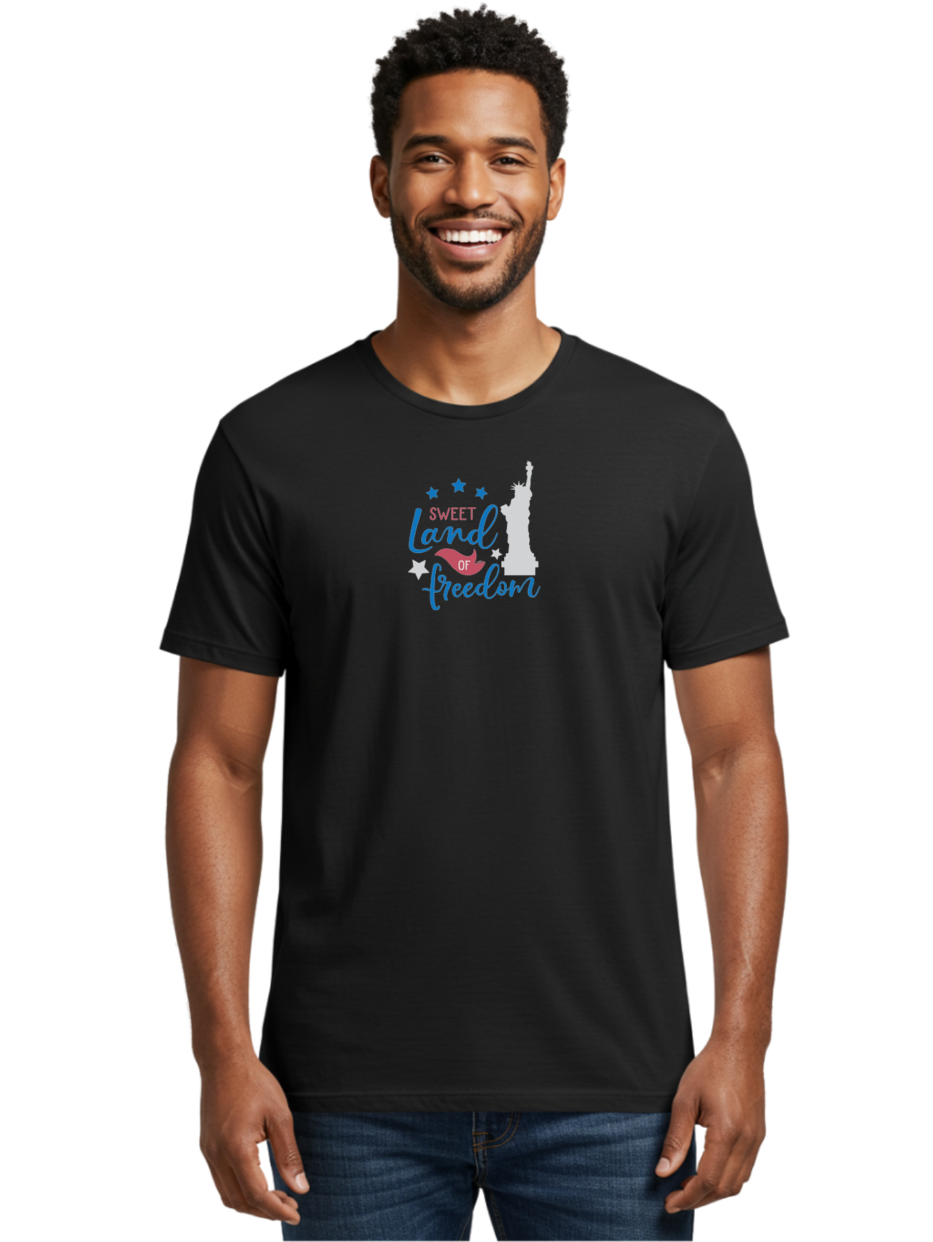 Sweet-Land-Of-Freedom Men'S Graphic Tee, 100% Cotton, Comfortable Casual Summer Wear, Machine Washable, Statue Of Liberty, Stars, Liberty Symbol, Usa, Statue Of Liberty, Freedom, 'Sweet Land Of Freedom', Patriotic Design, Inspirational Quote Aad216
