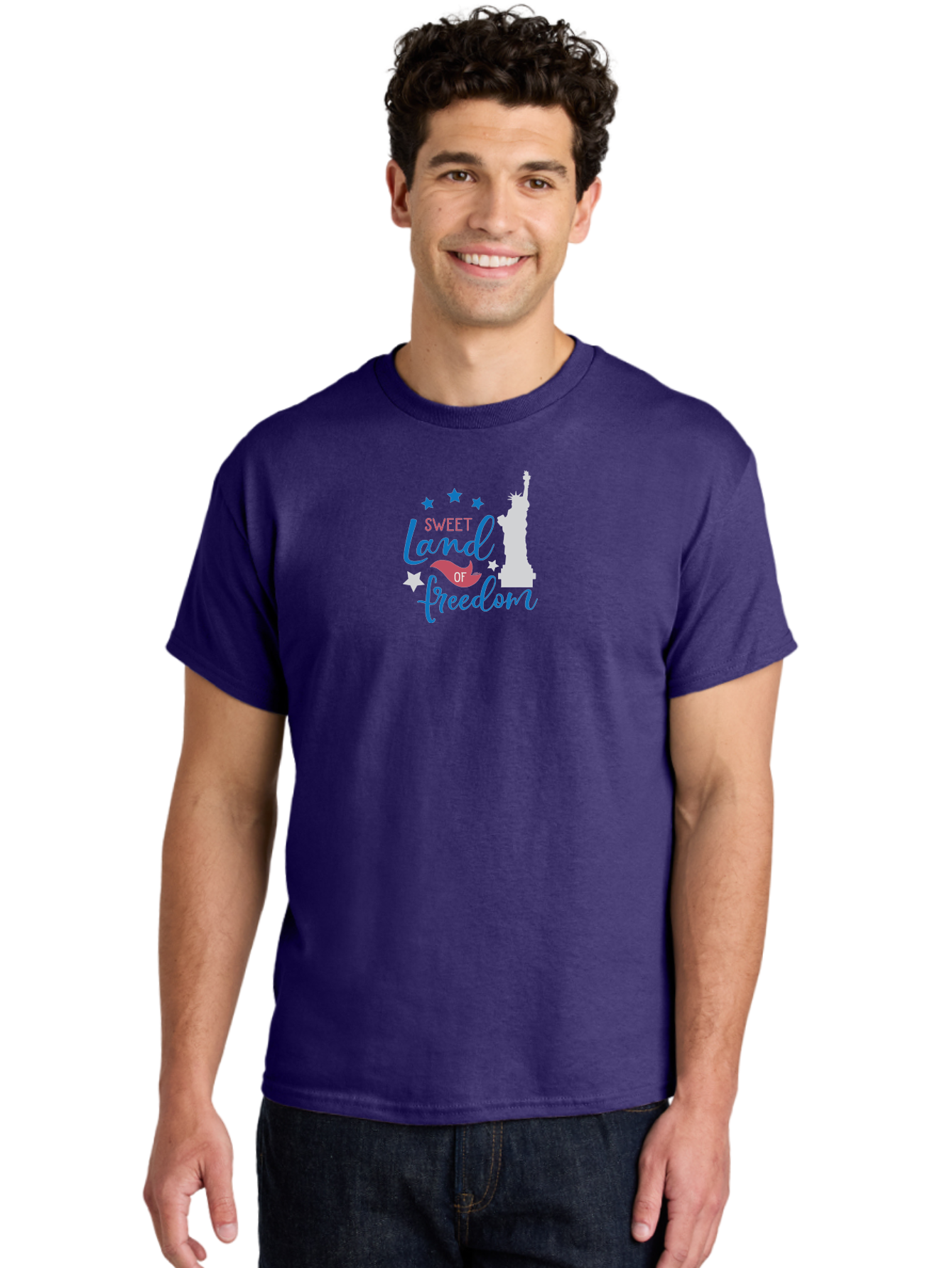 Sweet-Land-Of-Freedom Men'S Graphic Tee, 100% Cotton, Comfortable Casual Summer Wear, Machine Washable, Statue Of Liberty, Stars, Liberty Symbol, Usa, Statue Of Liberty, Freedom, 'Sweet Land Of Freedom', Patriotic Design, Inspirational Quote Aad216