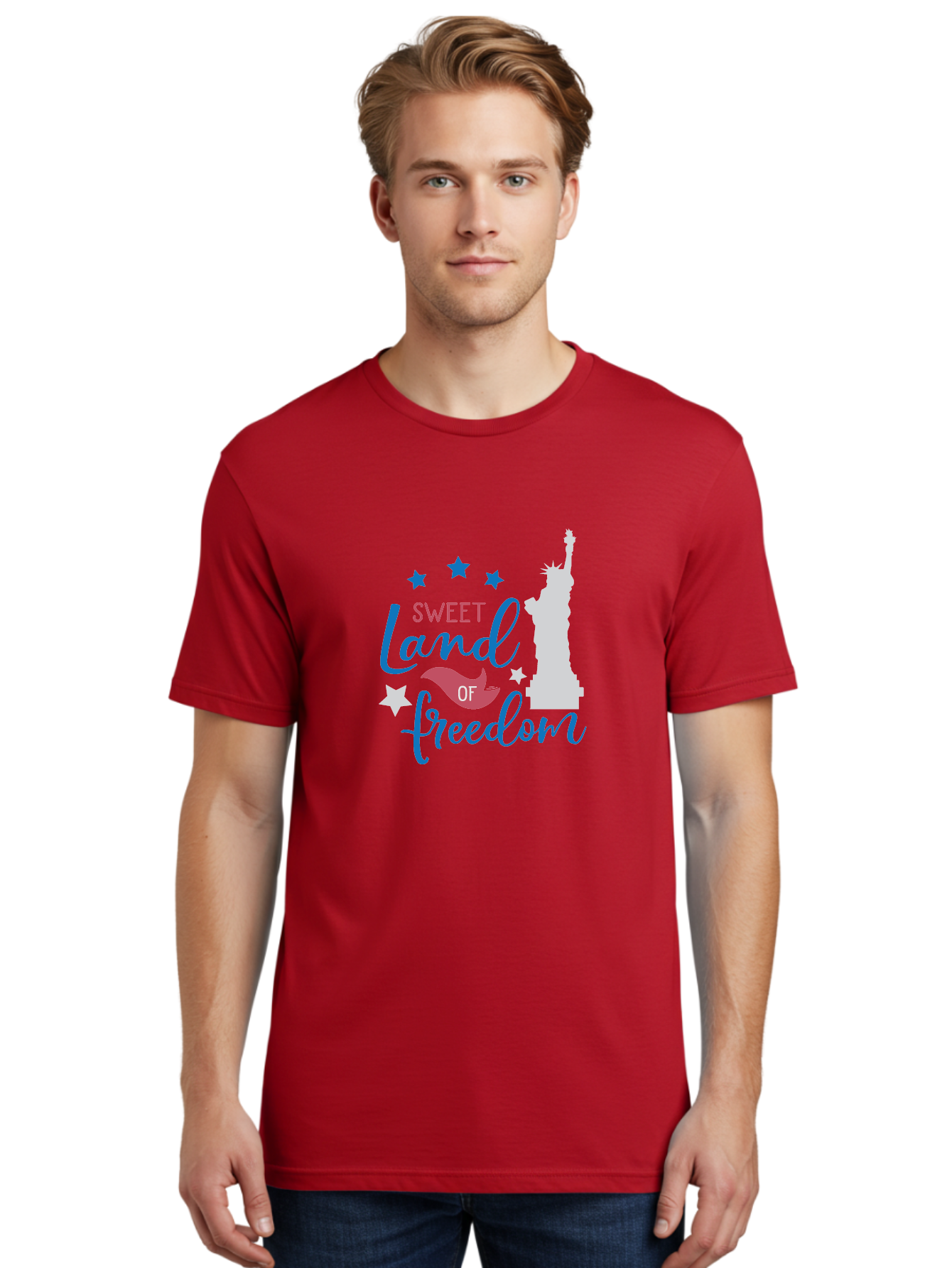 Sweet-Land-Of-Freedom Men'S Graphic Tee, 100% Cotton, Comfortable Casual Summer Wear, Machine Washable, Statue Of Liberty, Stars, Liberty Symbol, Usa, Statue Of Liberty, Freedom, 'Sweet Land Of Freedom', Patriotic Design, Inspirational Quote Aad216